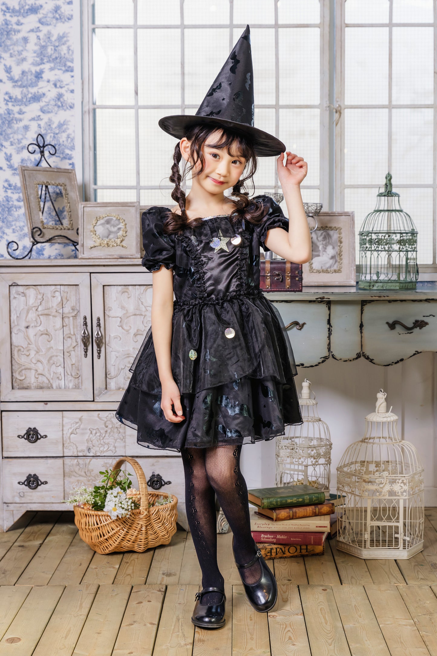 コスプレ キッズ こども 魔女 ハロウィン メルヘンウィッチ 女の子 100cm/120cm/140cm ブラック 【クリアストーン】