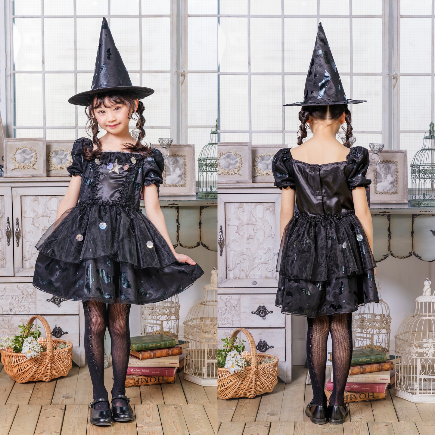 コスプレ キッズ こども 魔女 ハロウィン メルヘンウィッチ 女の子 100cm/120cm/140cm ブラック 【クリアストーン】