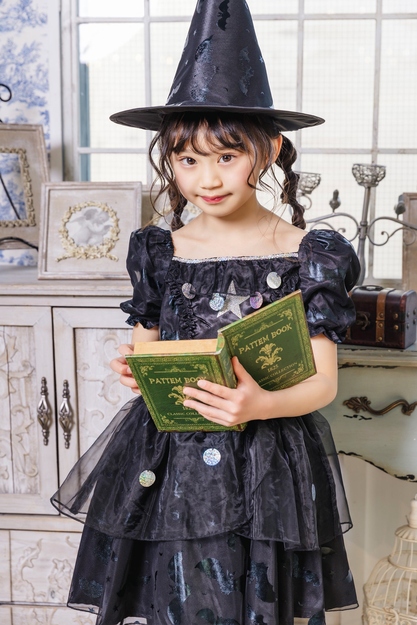 コスプレ キッズ こども 魔女 ハロウィン メルヘンウィッチ 女の子 100cm/120cm/140cm ブラック 【クリアストーン】