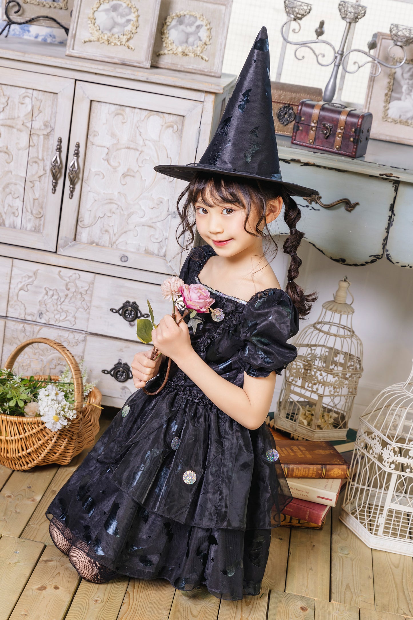 コスプレ キッズ こども 魔女 ハロウィン メルヘンウィッチ 女の子 100cm/120cm/140cm ブラック 【クリアストーン】