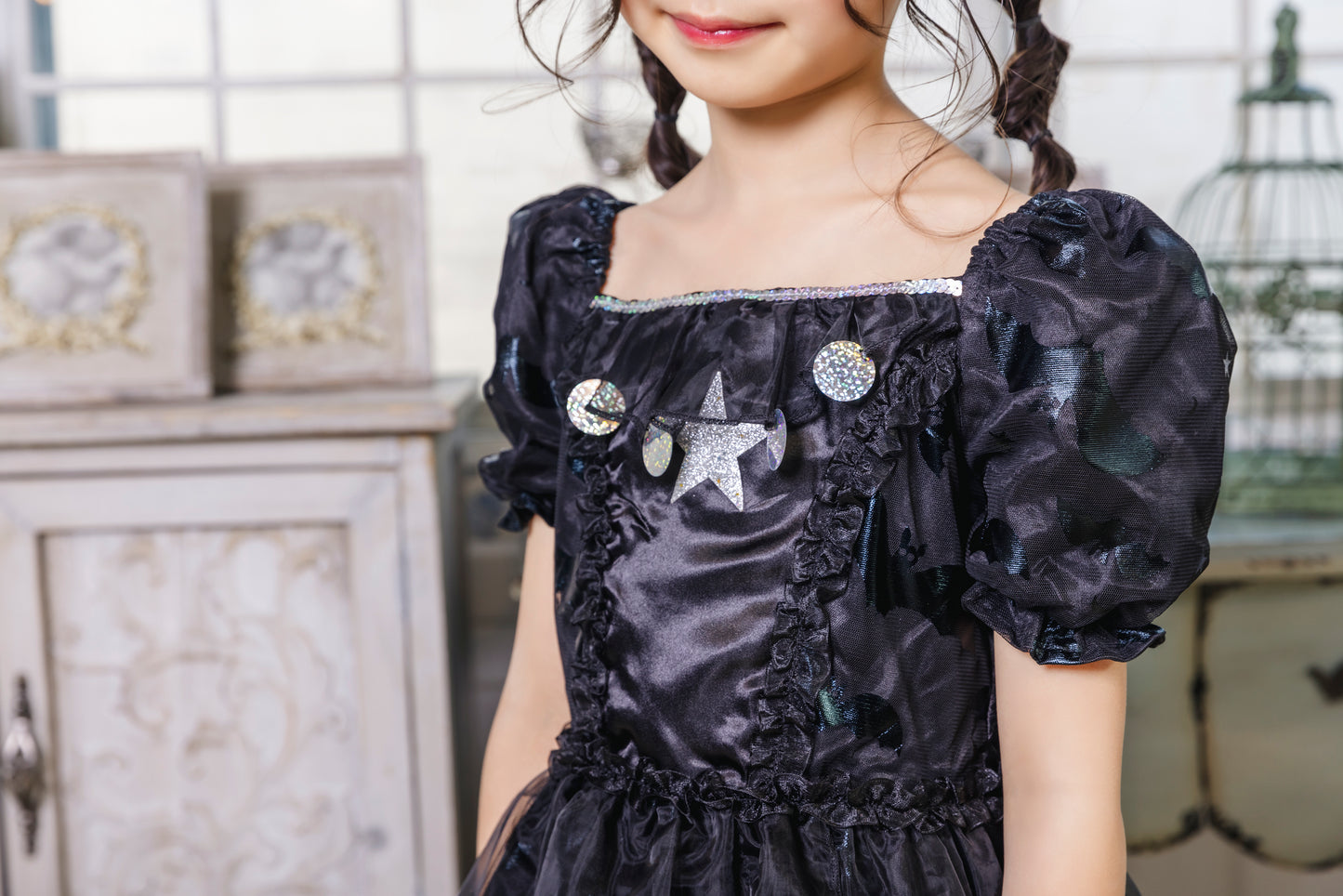 コスプレ キッズ こども 魔女 ハロウィン メルヘンウィッチ 女の子 100cm/120cm/140cm ブラック 【クリアストーン】