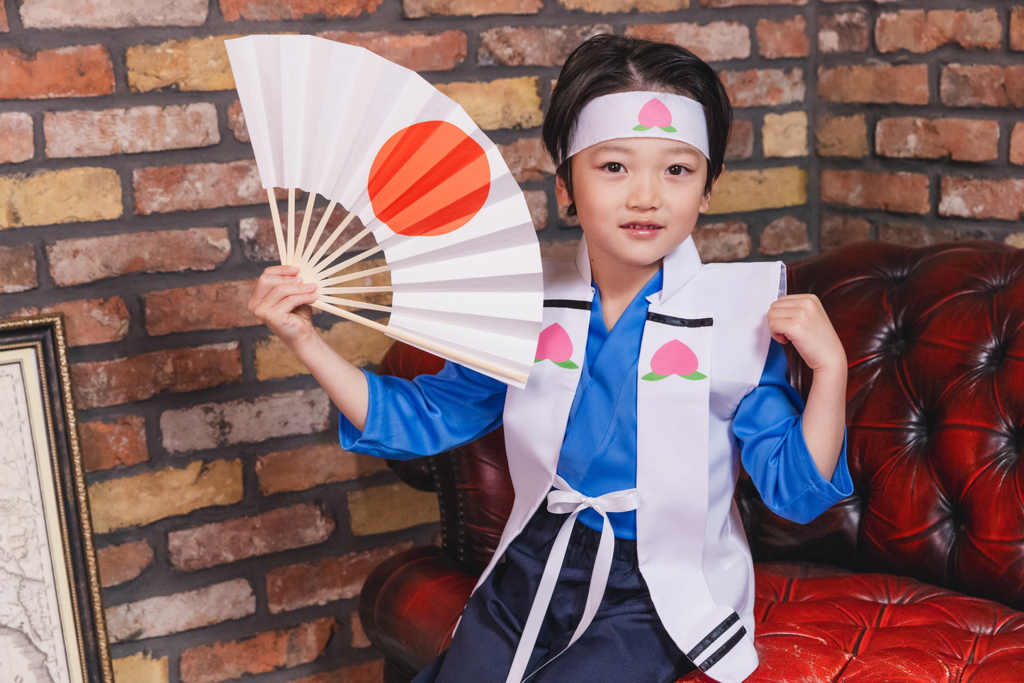 コスプレ キッズ こども 昔話 和装 キャラクター 和風コス 桃太郎 120cm ブルー ホワイト【クリアストーン】