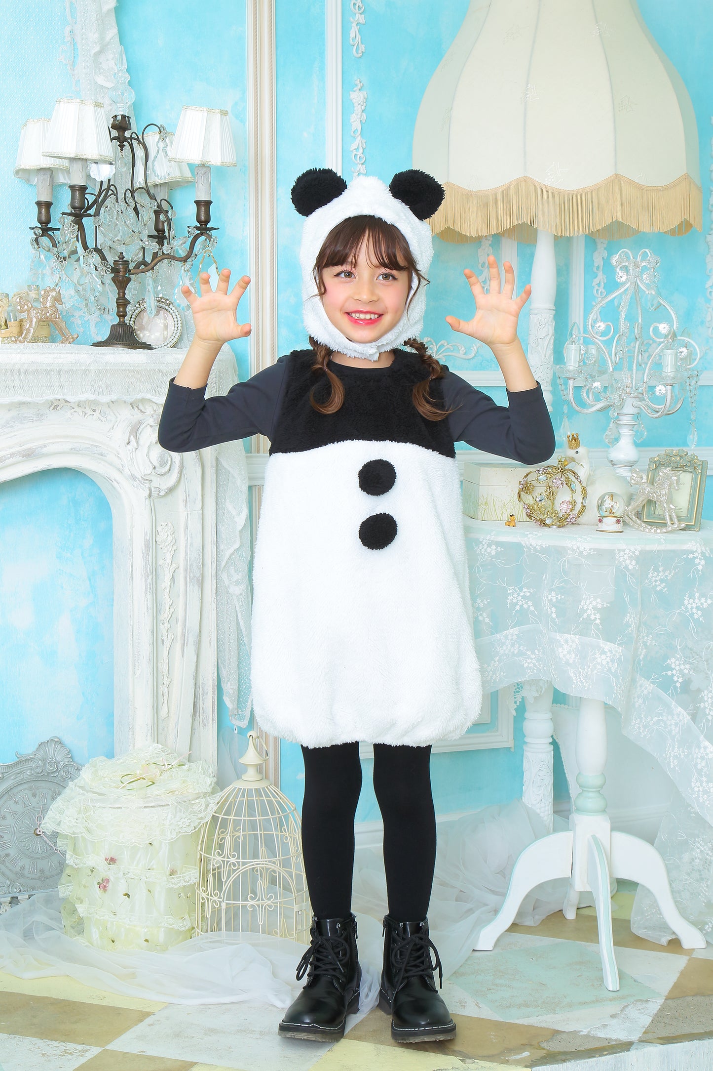 コスプレ キッズ こども パンダ アニマル 動物 ハロウィン キュートパンダ 100cm/120cm/140cm ホワイト ブラック【クリアストーン】