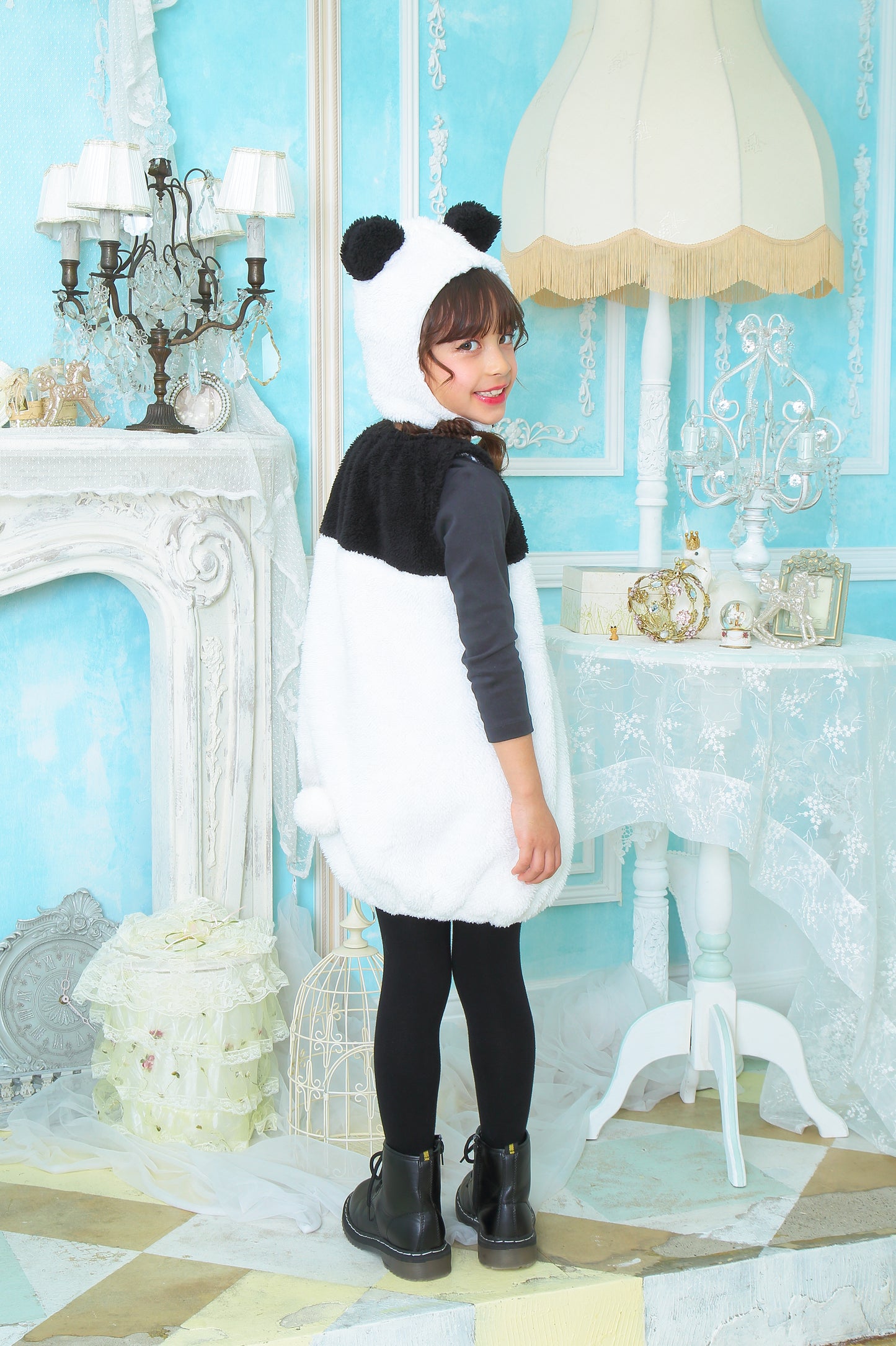 コスプレ キッズ こども パンダ アニマル 動物 ハロウィン キュートパンダ 100cm/120cm/140cm ホワイト ブラック【クリアストーン】