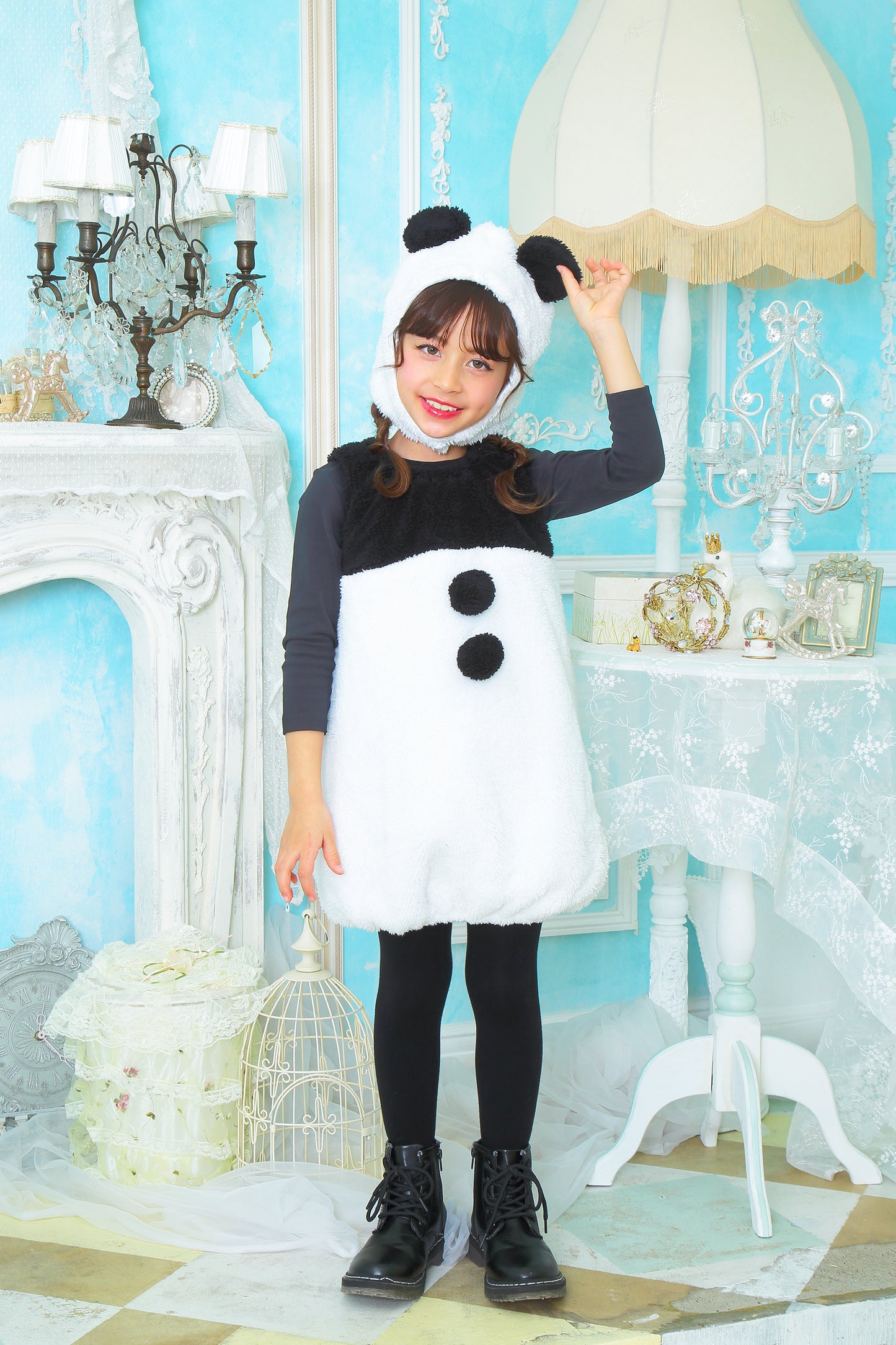 コスプレ キッズ こども パンダ アニマル 動物 ハロウィン キュートパンダ 100cm/120cm/140cm ホワイト ブラック【クリアストーン】