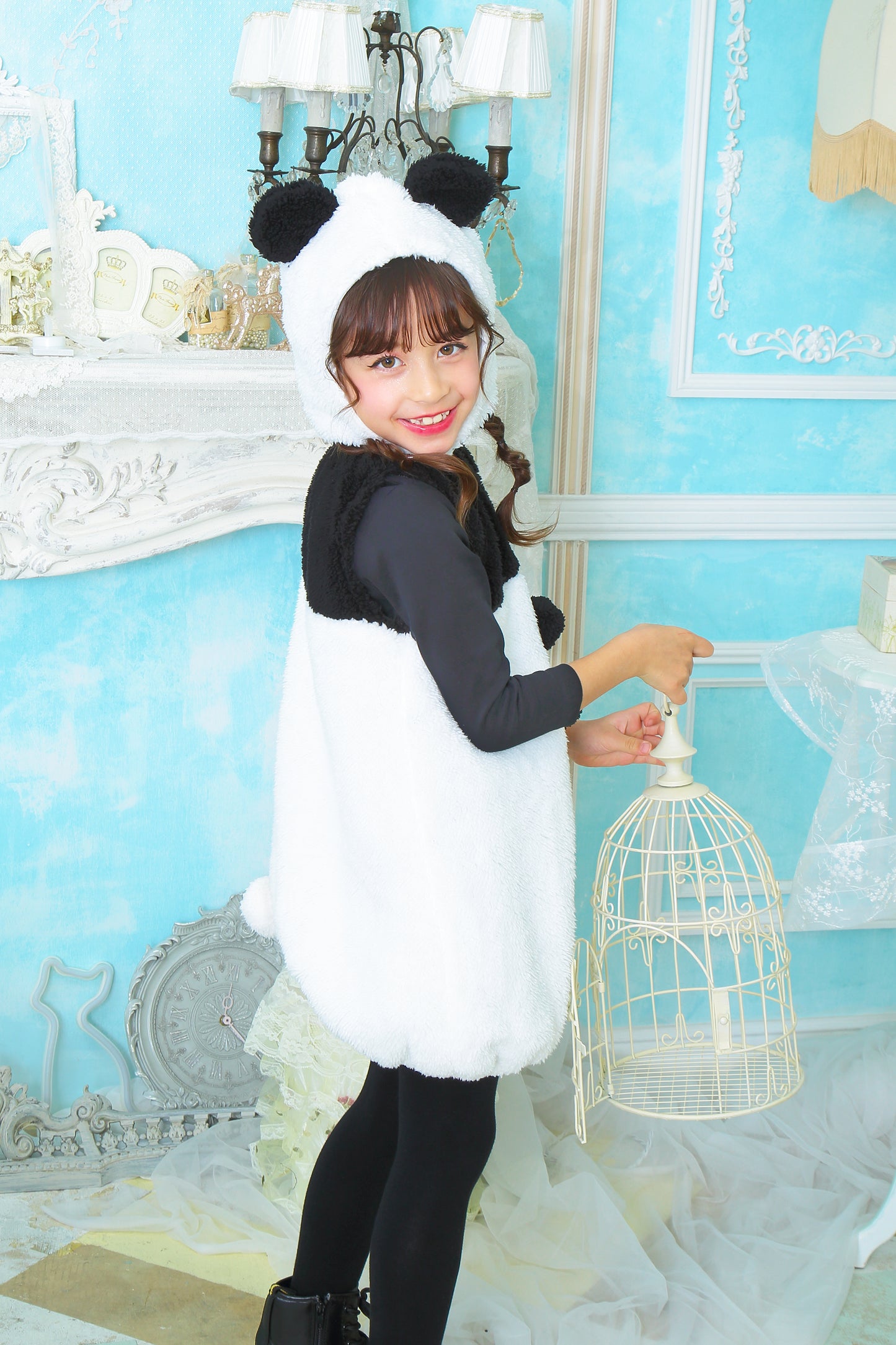 コスプレ キッズ こども パンダ アニマル 動物 ハロウィン キュートパンダ 100cm/120cm/140cm ホワイト ブラック【クリアストーン】