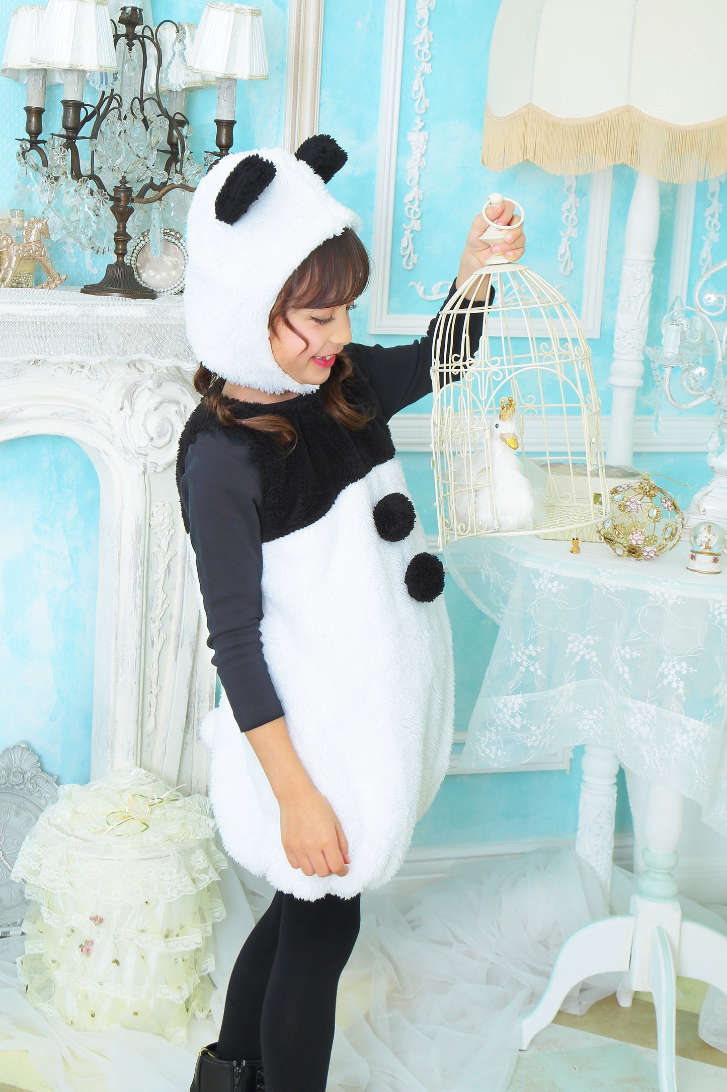 コスプレ キッズ こども パンダ アニマル 動物 ハロウィン キュートパンダ 100cm/120cm/140cm ホワイト ブラック【クリアストーン】