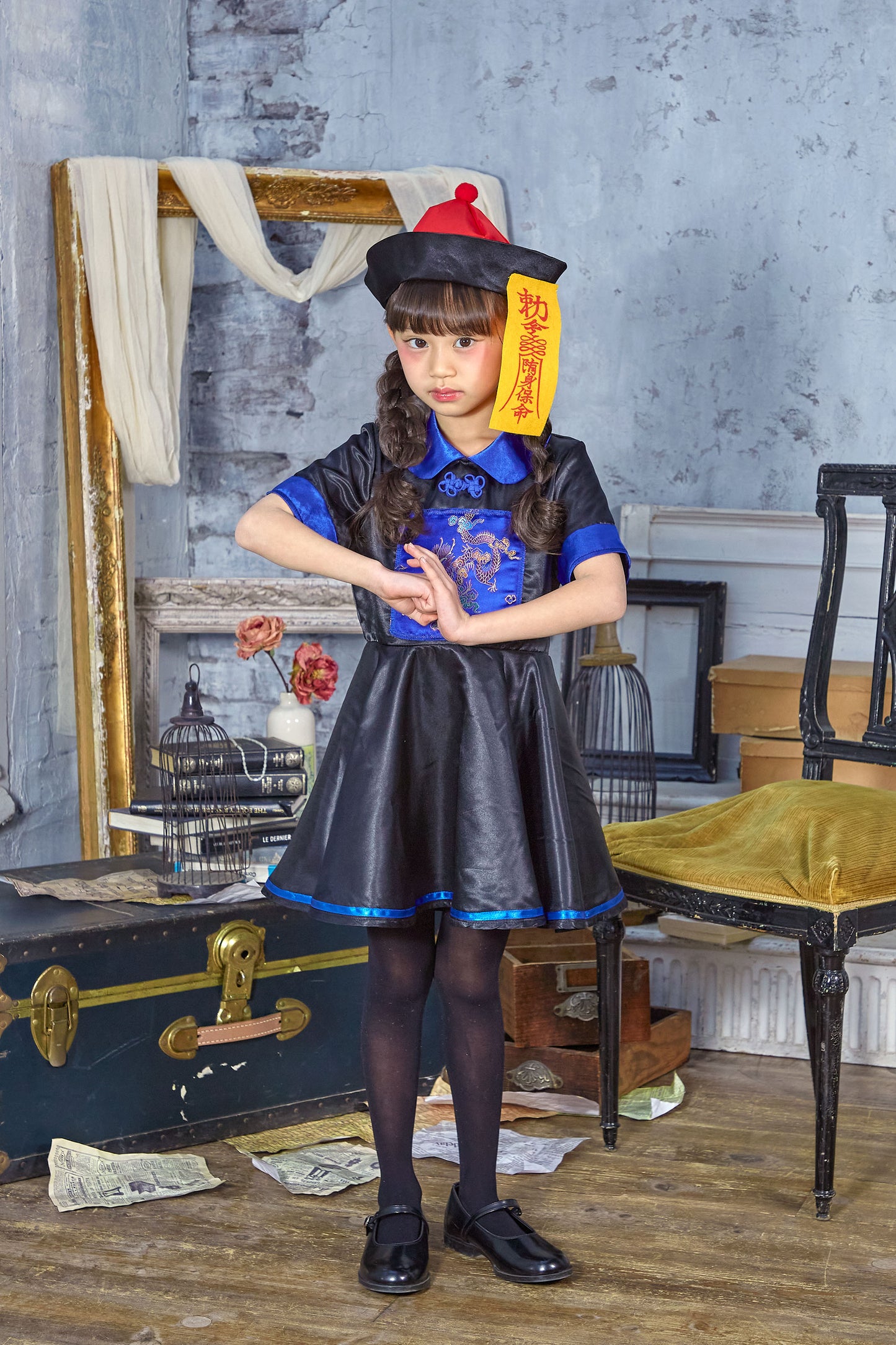 コスプレ キッズ こども キョンシー ハロウィン キョンシーガール 100cm/120cm/140cm ブルー【クリアストーン】