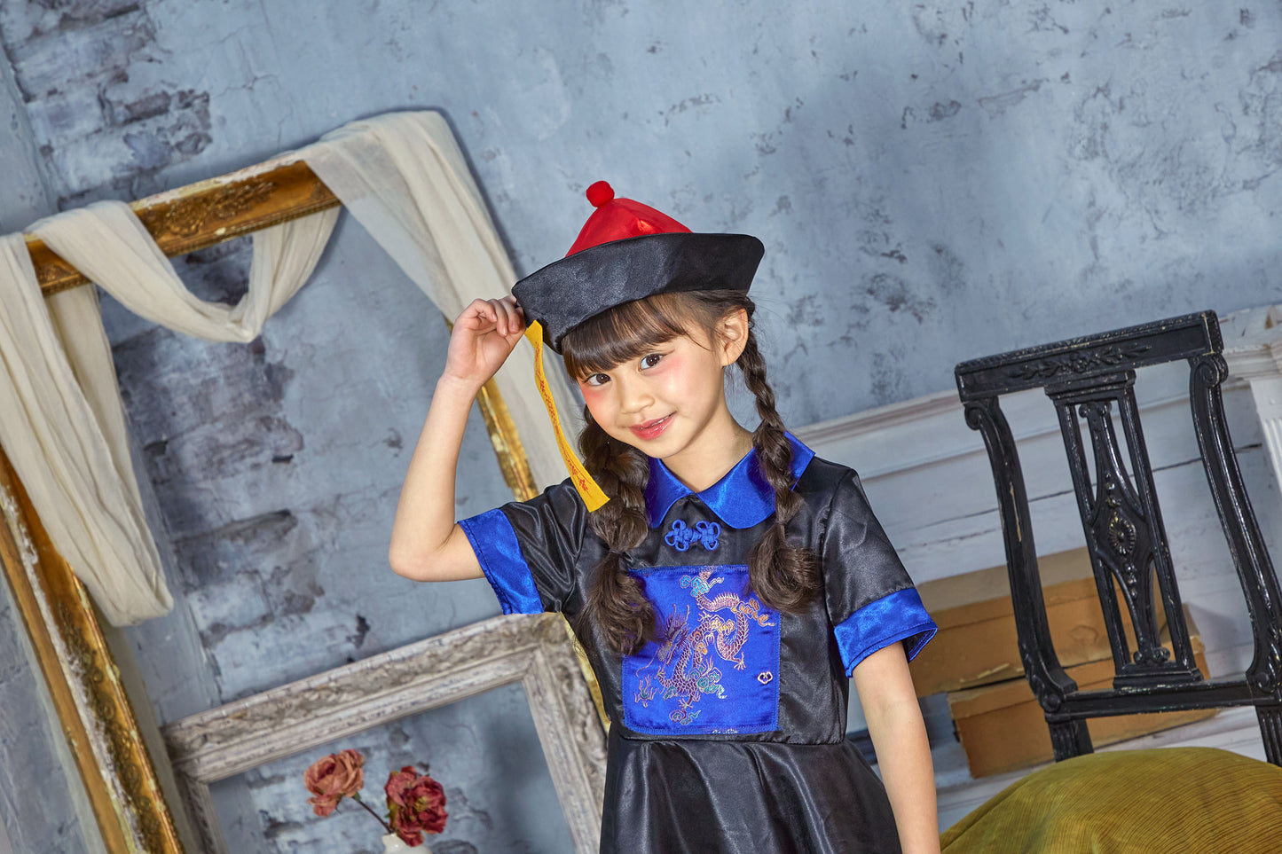 コスプレ キッズ こども キョンシー ハロウィン キョンシーガール 100cm/120cm/140cm ブルー【クリアストーン】