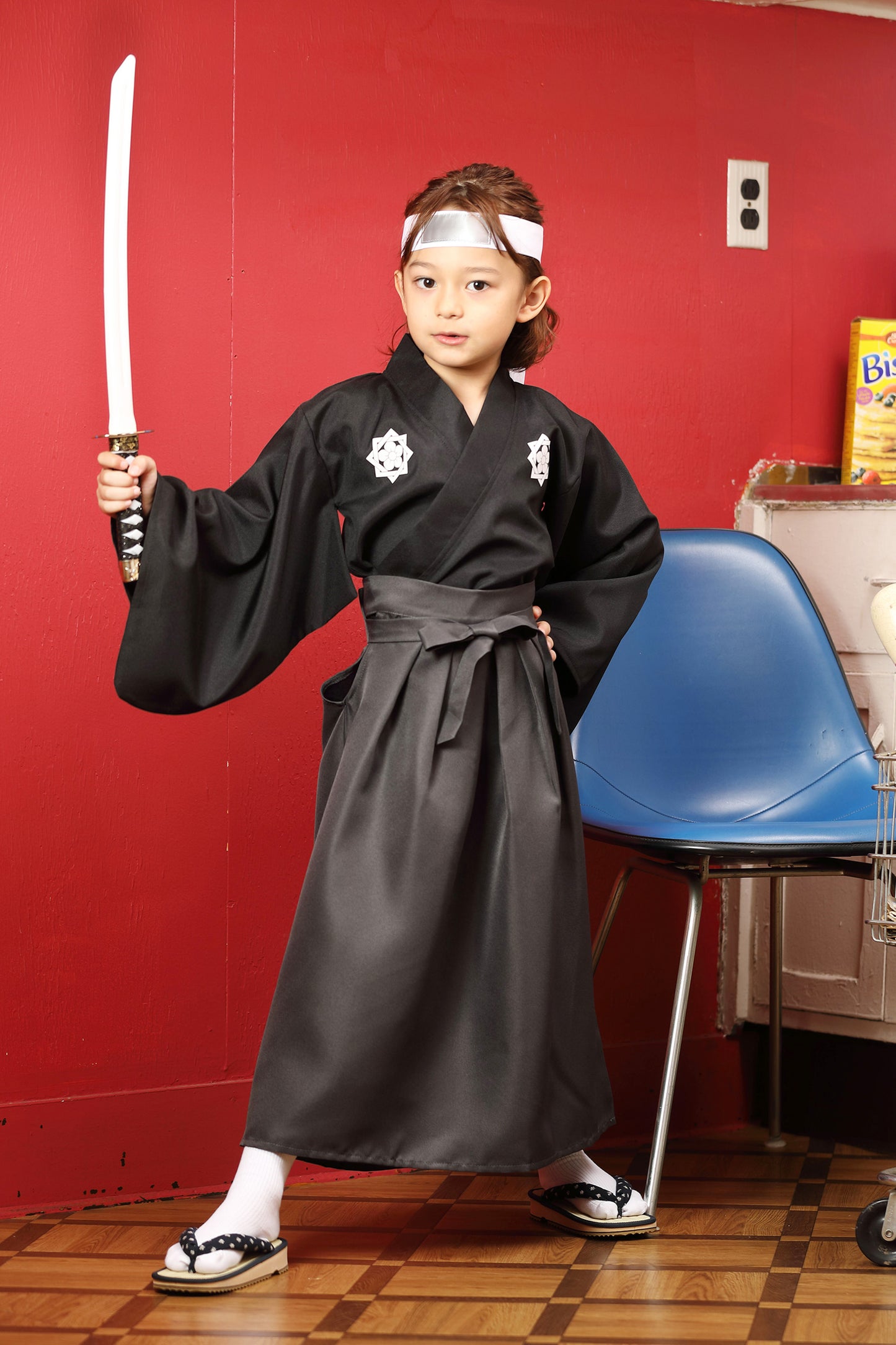 コスプレ キッズ こども 和風 和装 さむらい ハロウィン 侍ファイター 100cm/120cm/140cm ブラック【クリアストーン】