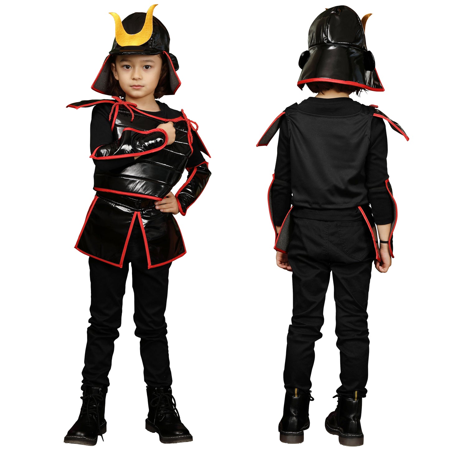 コスプレ キッズ こども 和風 日本 兜 かぶと ハロウィン 甲冑ファイター 100cm/120cm/140cm ブラック【クリアストーン】