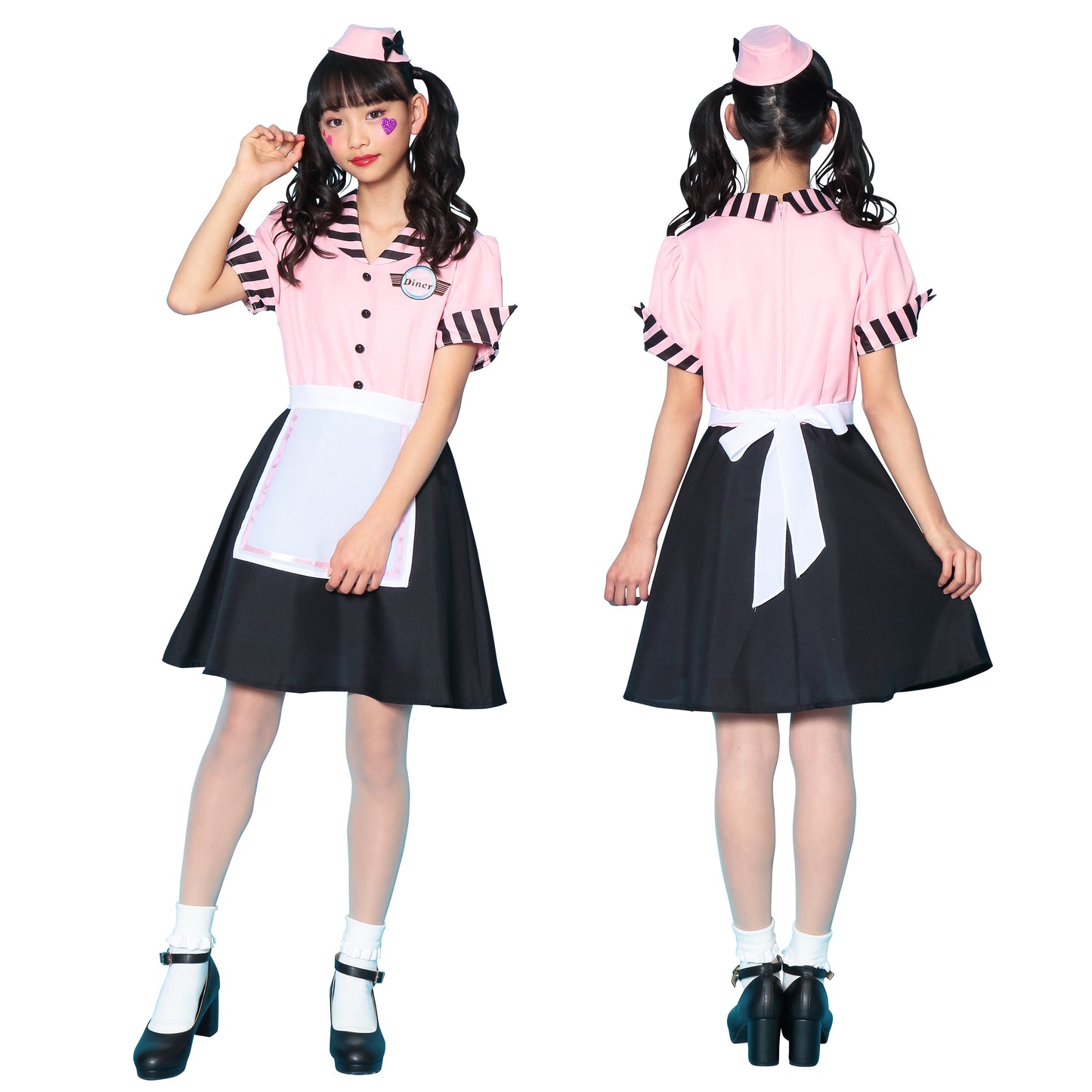 コスプレ ジュニア こども ウェイトレス COSCHU! ストロベリーダイナー 140~150cm ピンク ブラック【クリアストーン】