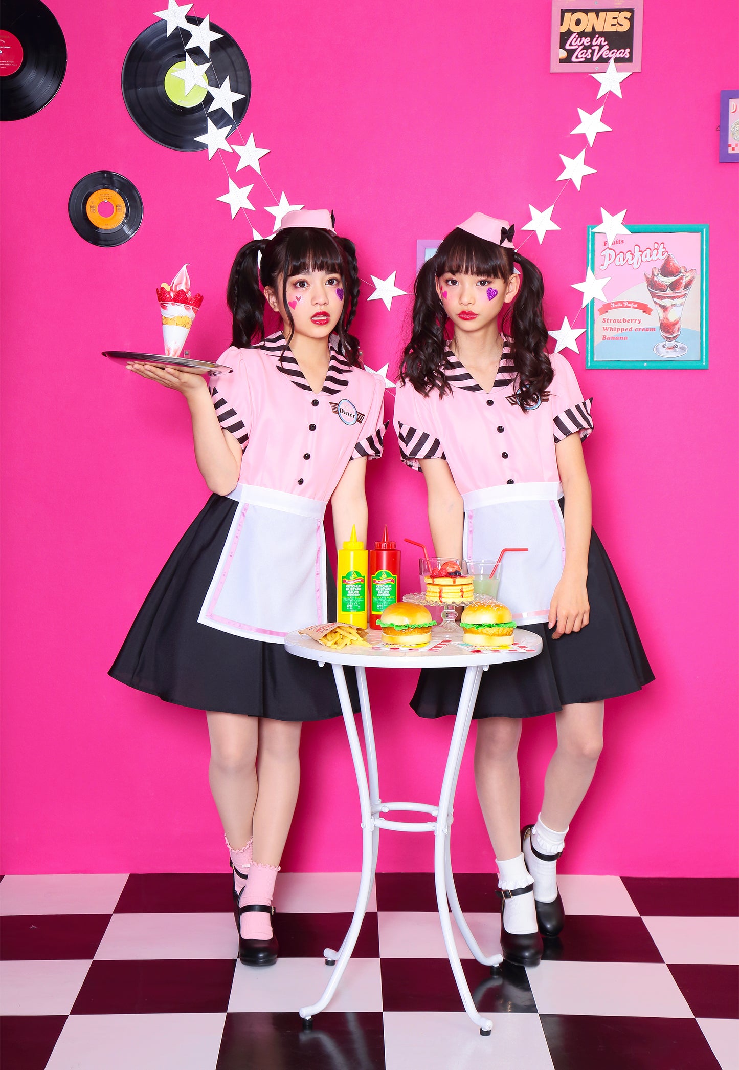 コスプレ ジュニア こども ウェイトレス COSCHU! ストロベリーダイナー 140~150cm ピンク ブラック【クリアストーン】