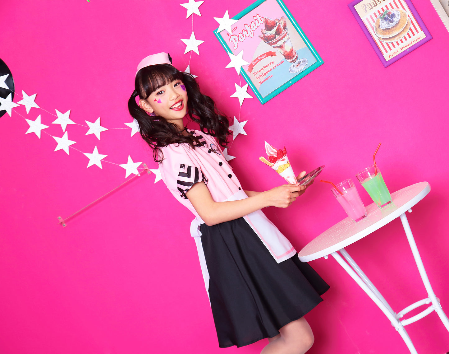 コスプレ ジュニア こども ウェイトレス COSCHU! ストロベリーダイナー 140~150cm ピンク ブラック【クリアストーン】