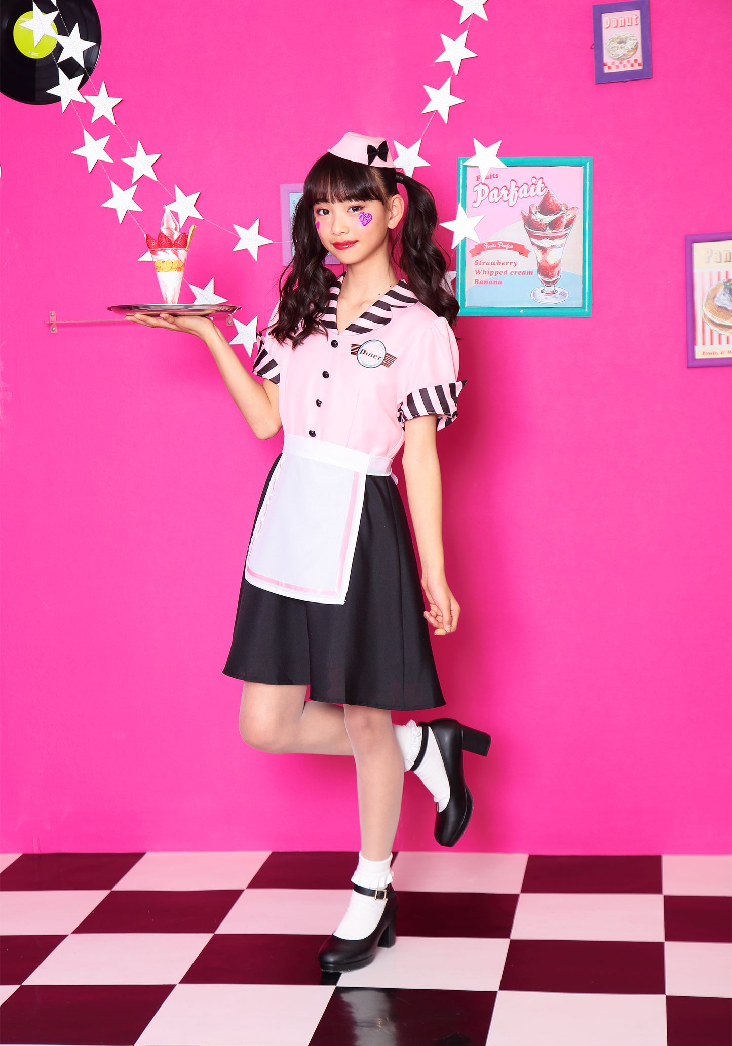 コスプレ ジュニア こども ウェイトレス COSCHU! ストロベリーダイナー 140~150cm ピンク ブラック【クリアストーン】