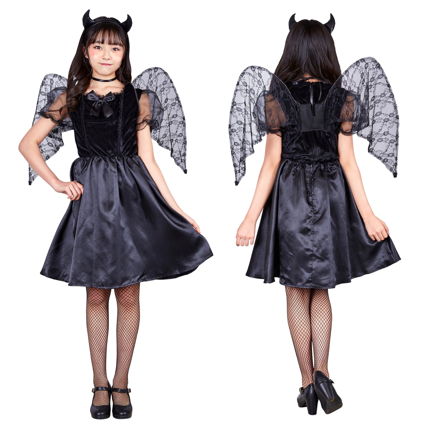 コスプレ ジュニア こども デビル 悪魔 COSCHU! リボンデビル 140~150cm ブラック【クリアストーン】