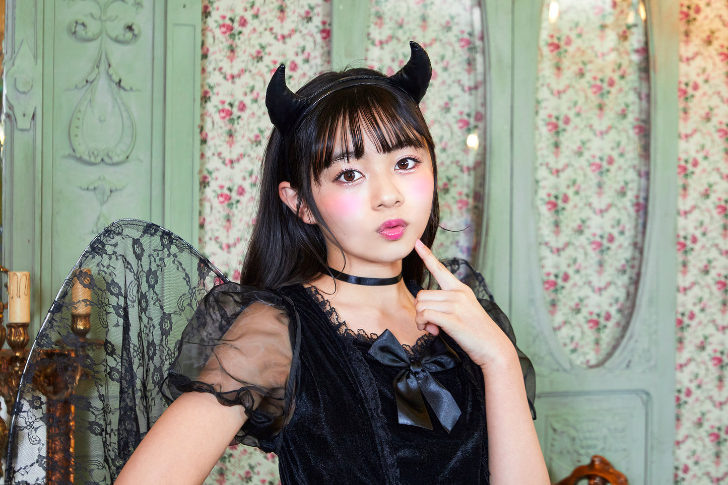 コスプレ ジュニア こども デビル 悪魔 COSCHU! リボンデビル 140~150cm ブラック【クリアストーン】