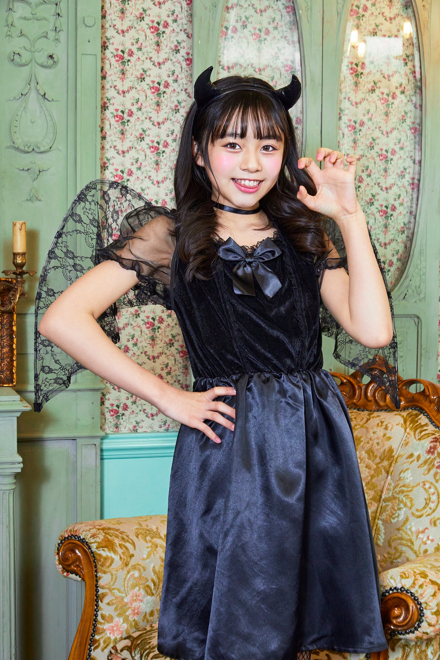 コスプレ ジュニア こども デビル 悪魔 COSCHU! リボンデビル 140~150cm ブラック【クリアストーン】