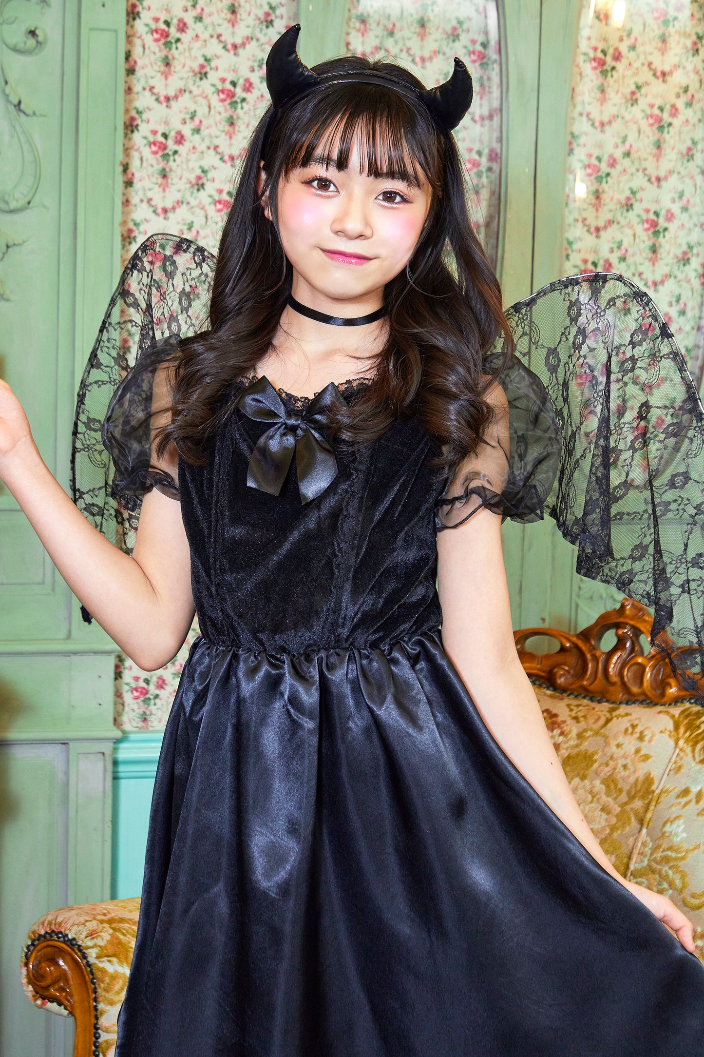 コスプレ ジュニア こども デビル 悪魔 COSCHU! リボンデビル 140~150cm ブラック【クリアストーン】