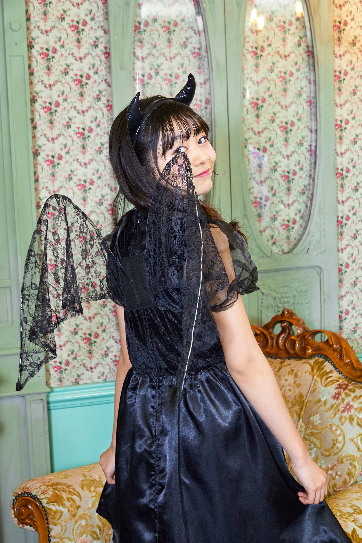 コスプレ ジュニア こども デビル 悪魔 COSCHU! リボンデビル 140~150cm ブラック【クリアストーン】