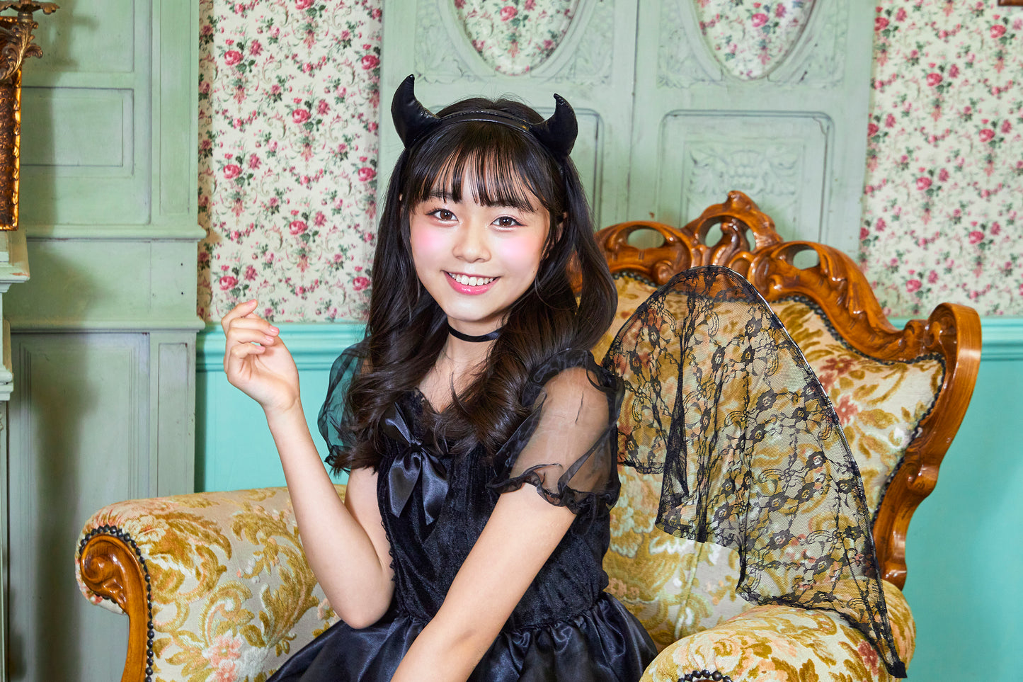 コスプレ ジュニア こども デビル 悪魔 COSCHU! リボンデビル 140~150cm ブラック【クリアストーン】