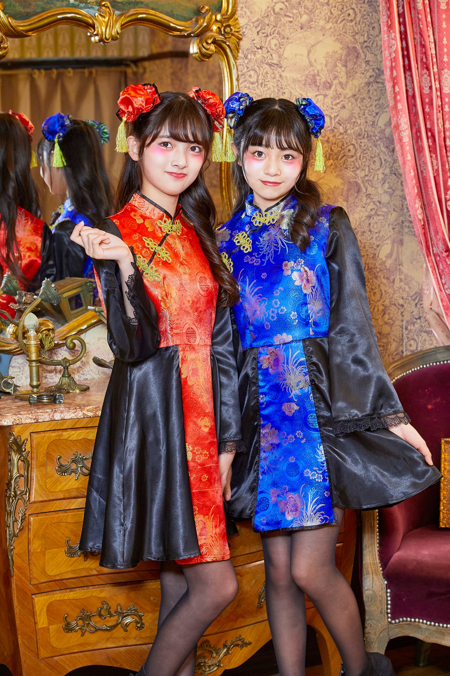 コスプレ ジュニア こども チャイナ COSCHU! チャイニーチャイナ 140~150cm ブラック レッド/ブルー【クリアストーン】