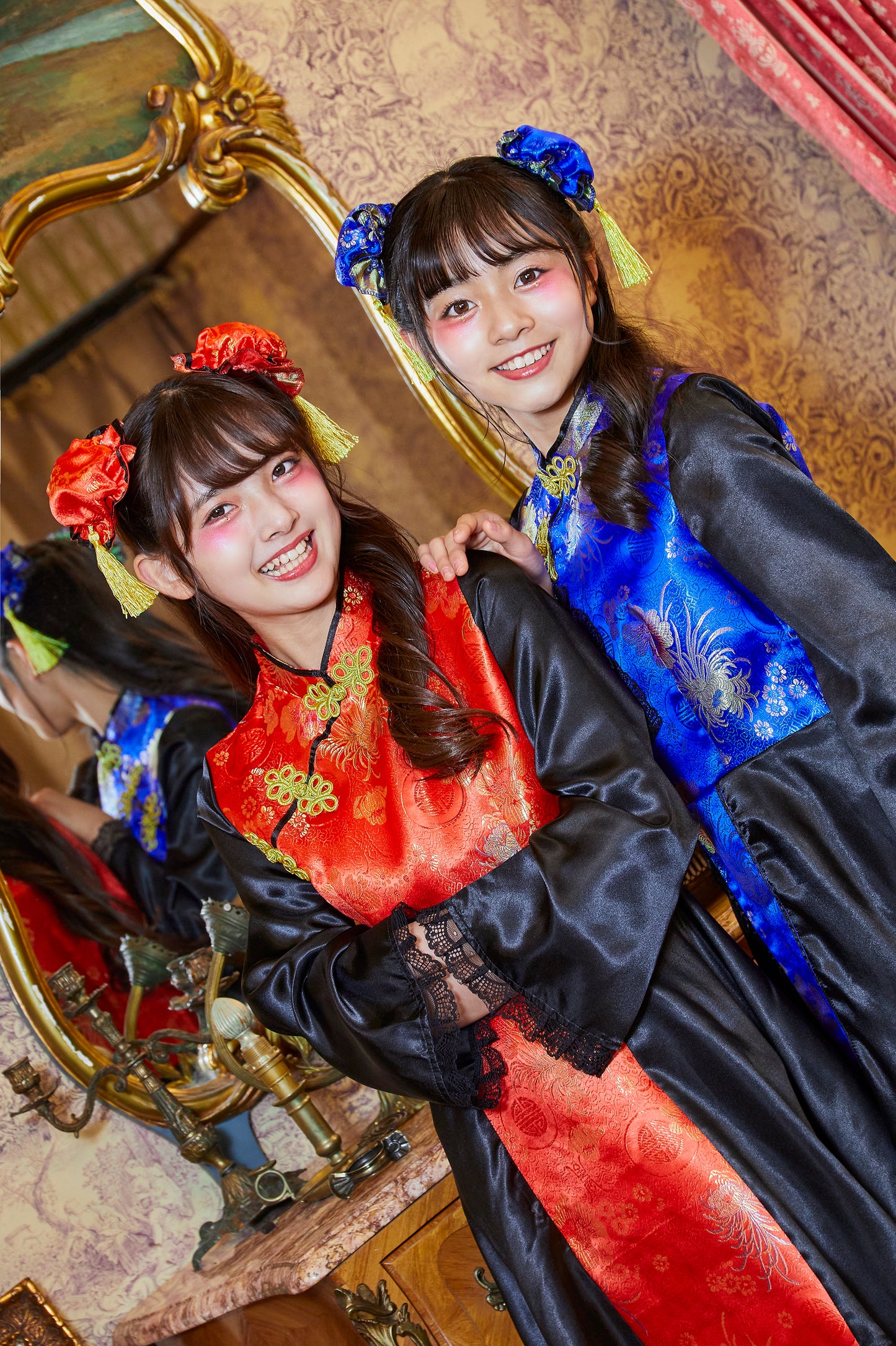 コスプレ ジュニア こども チャイナ COSCHU! チャイニーチャイナ 140~150cm ブラック レッド/ブルー【クリアストーン】
