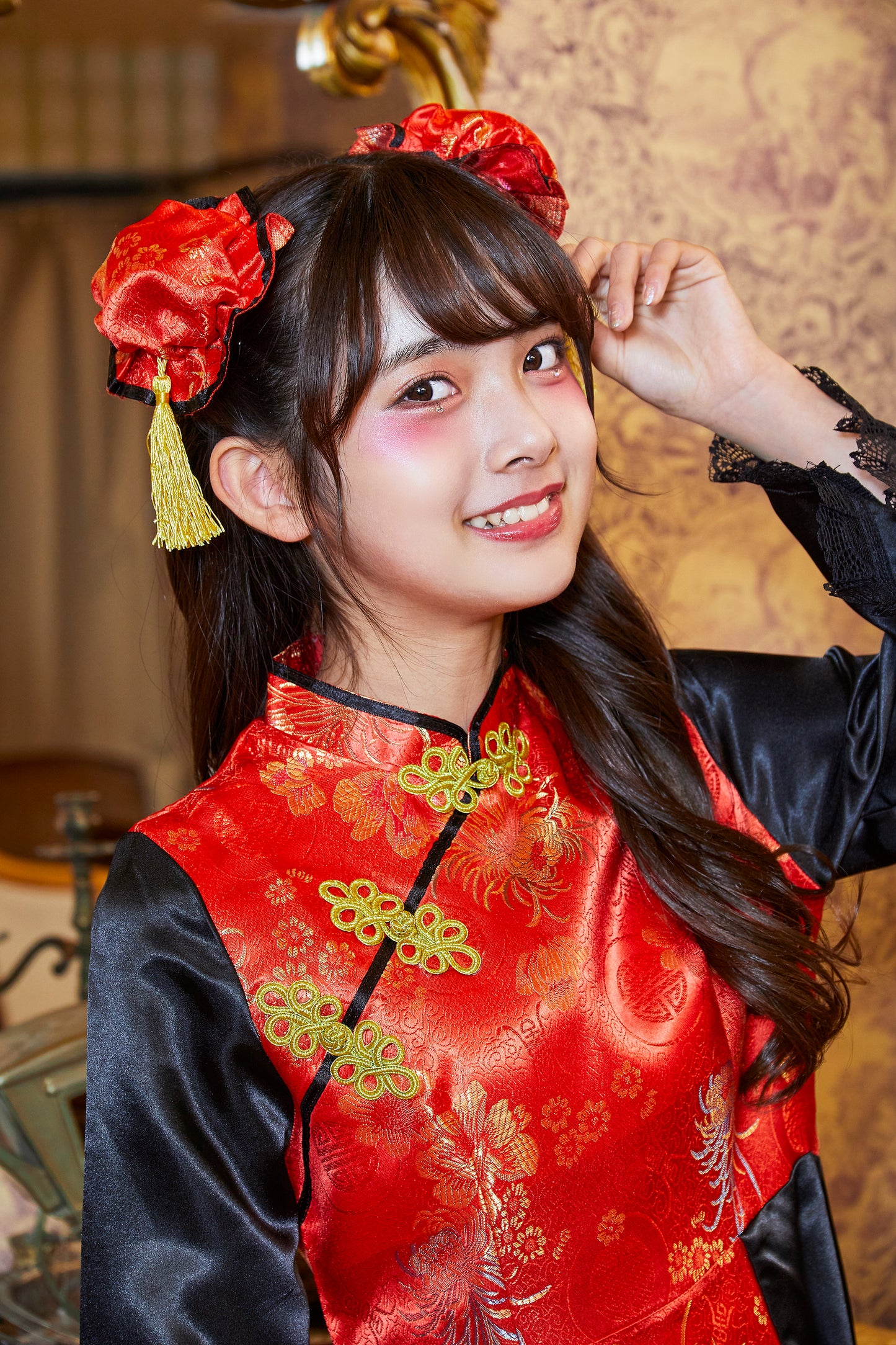 コスプレ ジュニア こども チャイナ COSCHU! チャイニーチャイナ 140~150cm ブラック レッド/ブルー【クリアストーン】