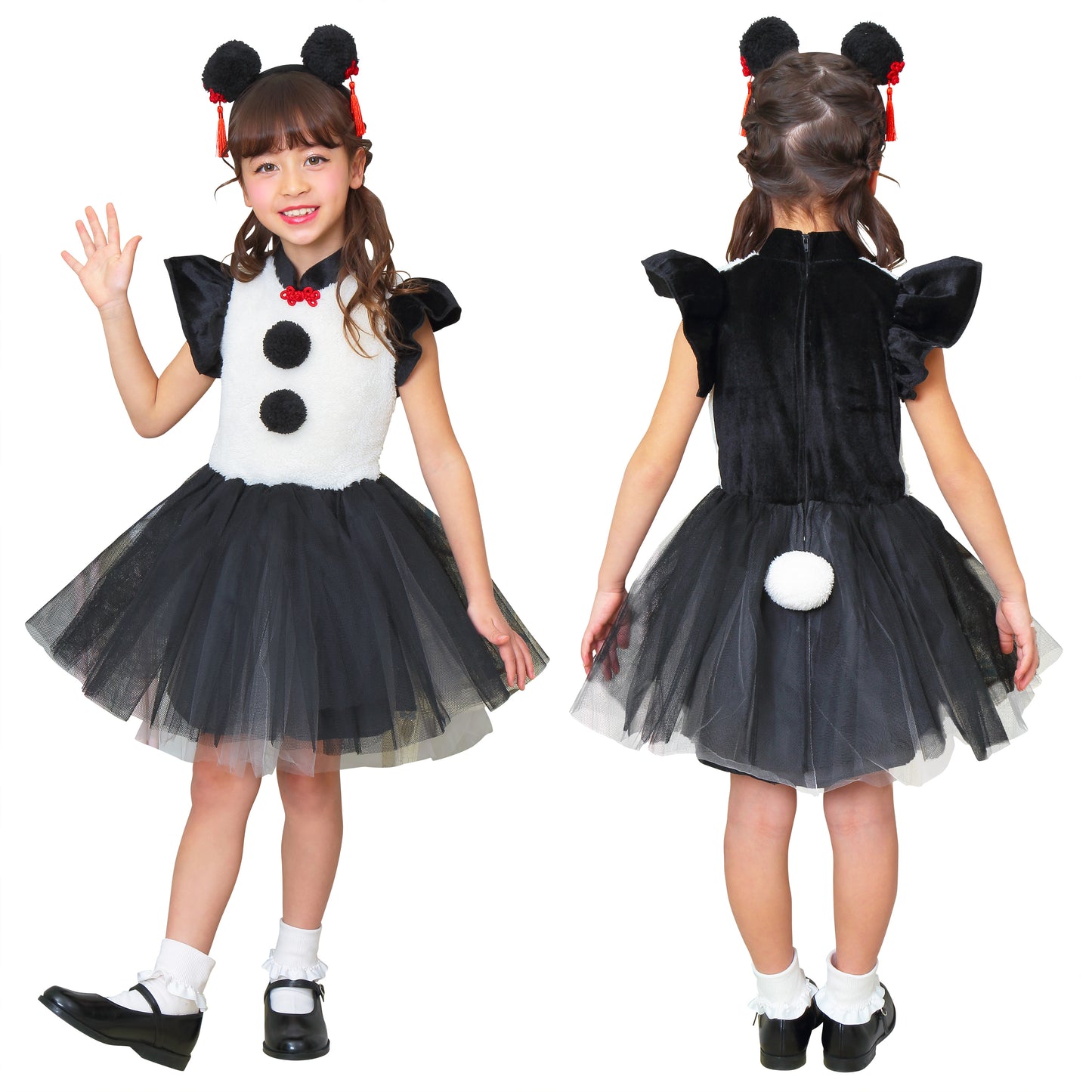 コスプレ キッズ こども パンダ アニマル 動物 ハロウィン プティパンダ 100cm/120cm/140cm ブラック ホワイト【クリアストーン】