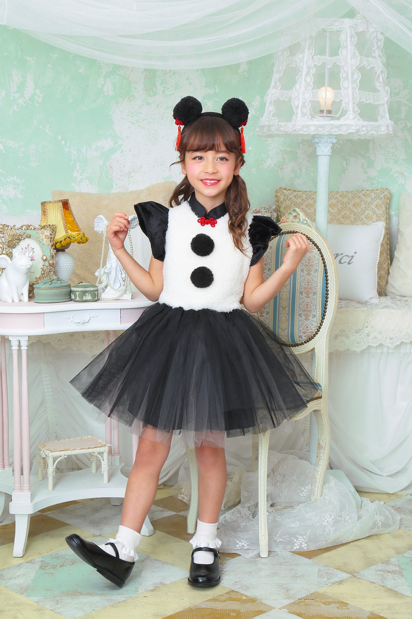 コスプレ キッズ こども パンダ アニマル 動物 ハロウィン プティパンダ 100cm/120cm/140cm ブラック ホワイト【クリアストーン】