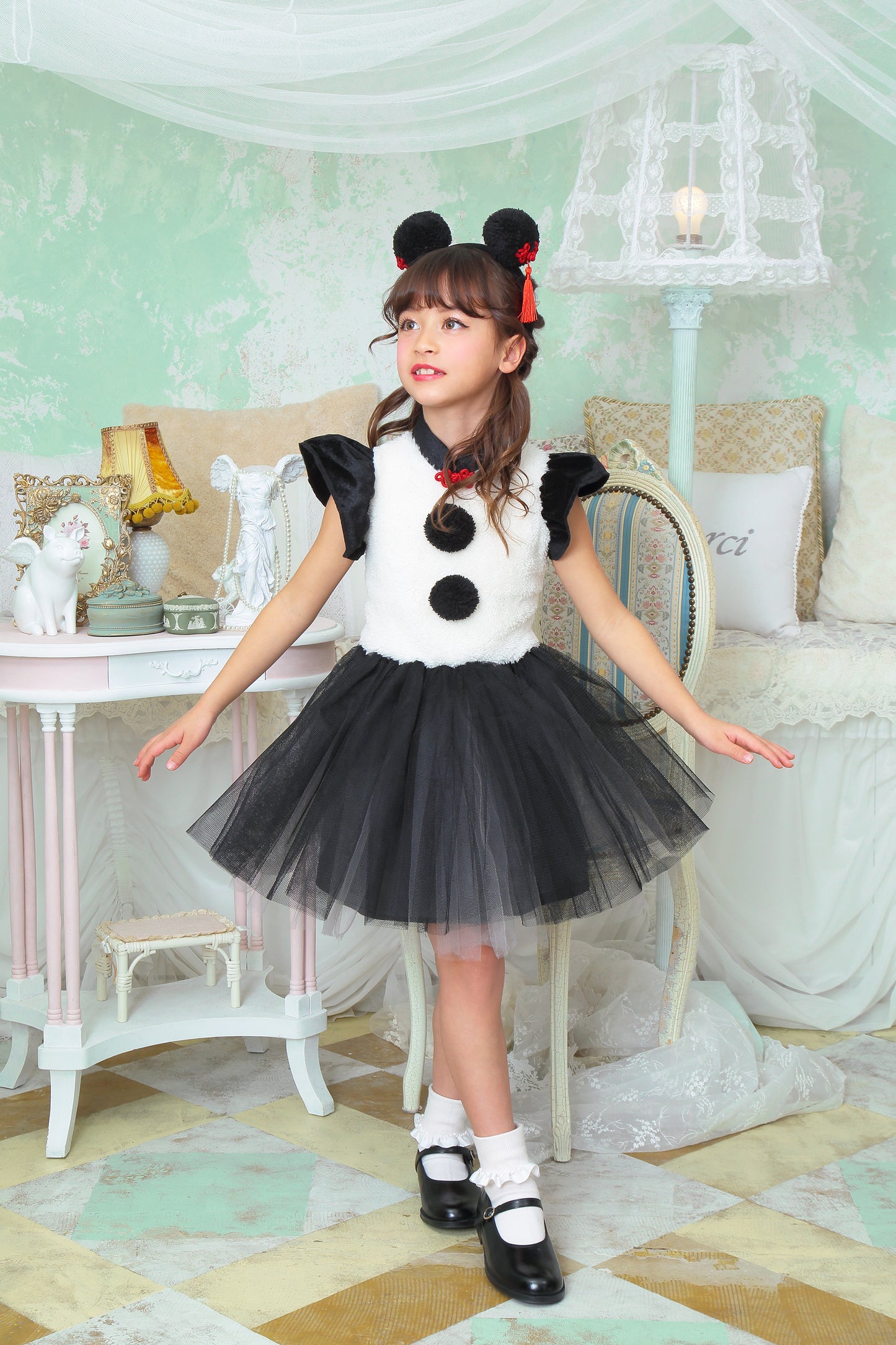 コスプレ キッズ こども パンダ アニマル 動物 ハロウィン プティパンダ 100cm/120cm/140cm ブラック ホワイト【クリアストーン】