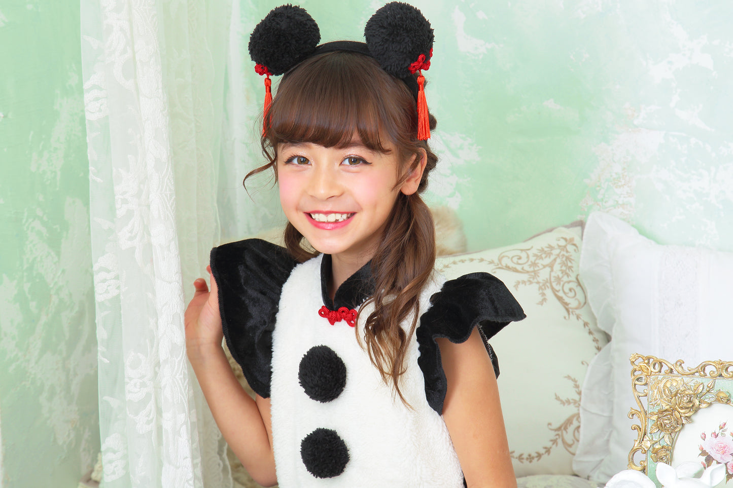コスプレ キッズ こども パンダ アニマル 動物 ハロウィン プティパンダ 100cm/120cm/140cm ブラック ホワイト【クリアストーン】