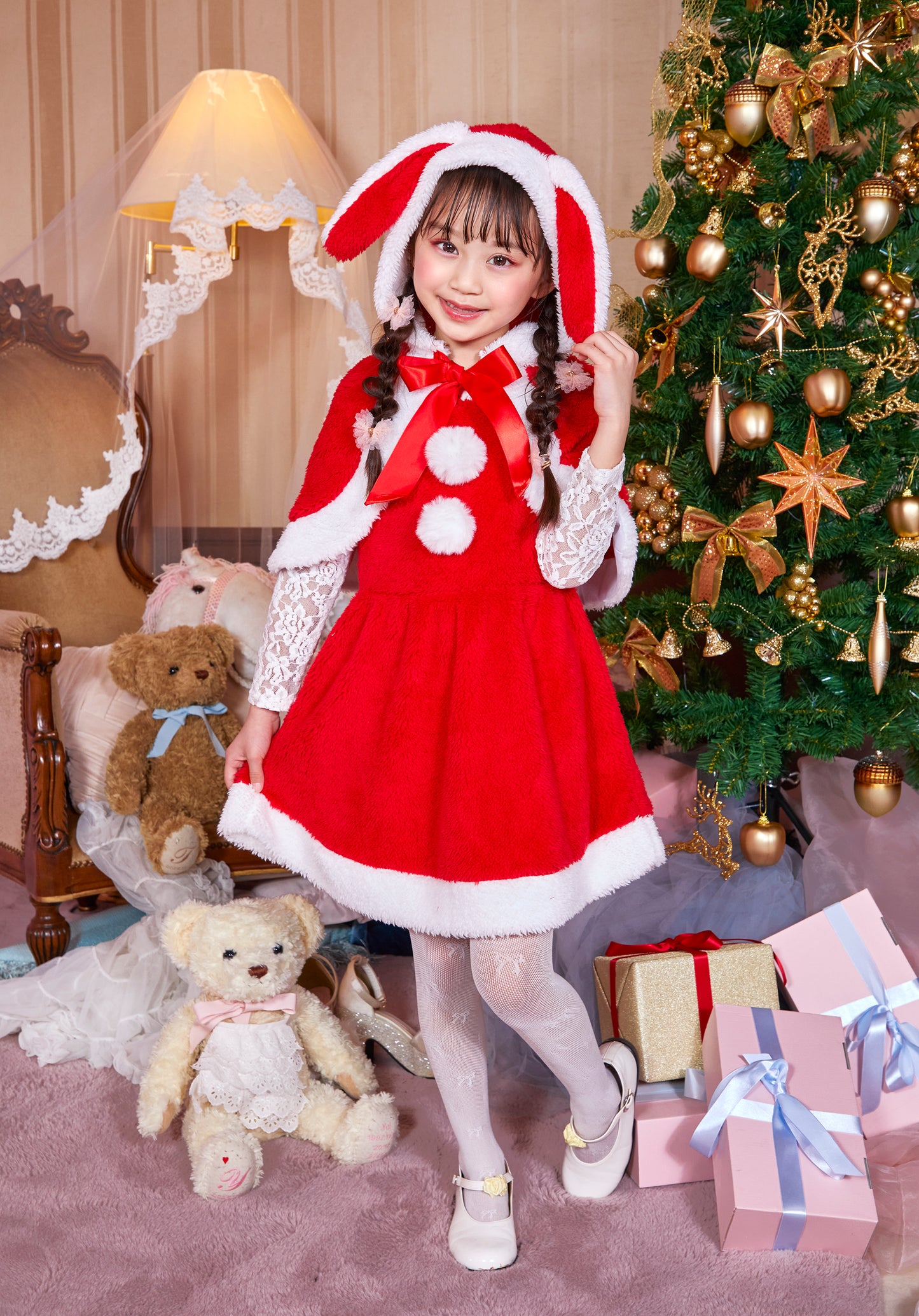 コスプレ キッズ こども うさぎ たれみみうさぎサンタ 100cm/120cm/140cm レッド 【クリアストーン】