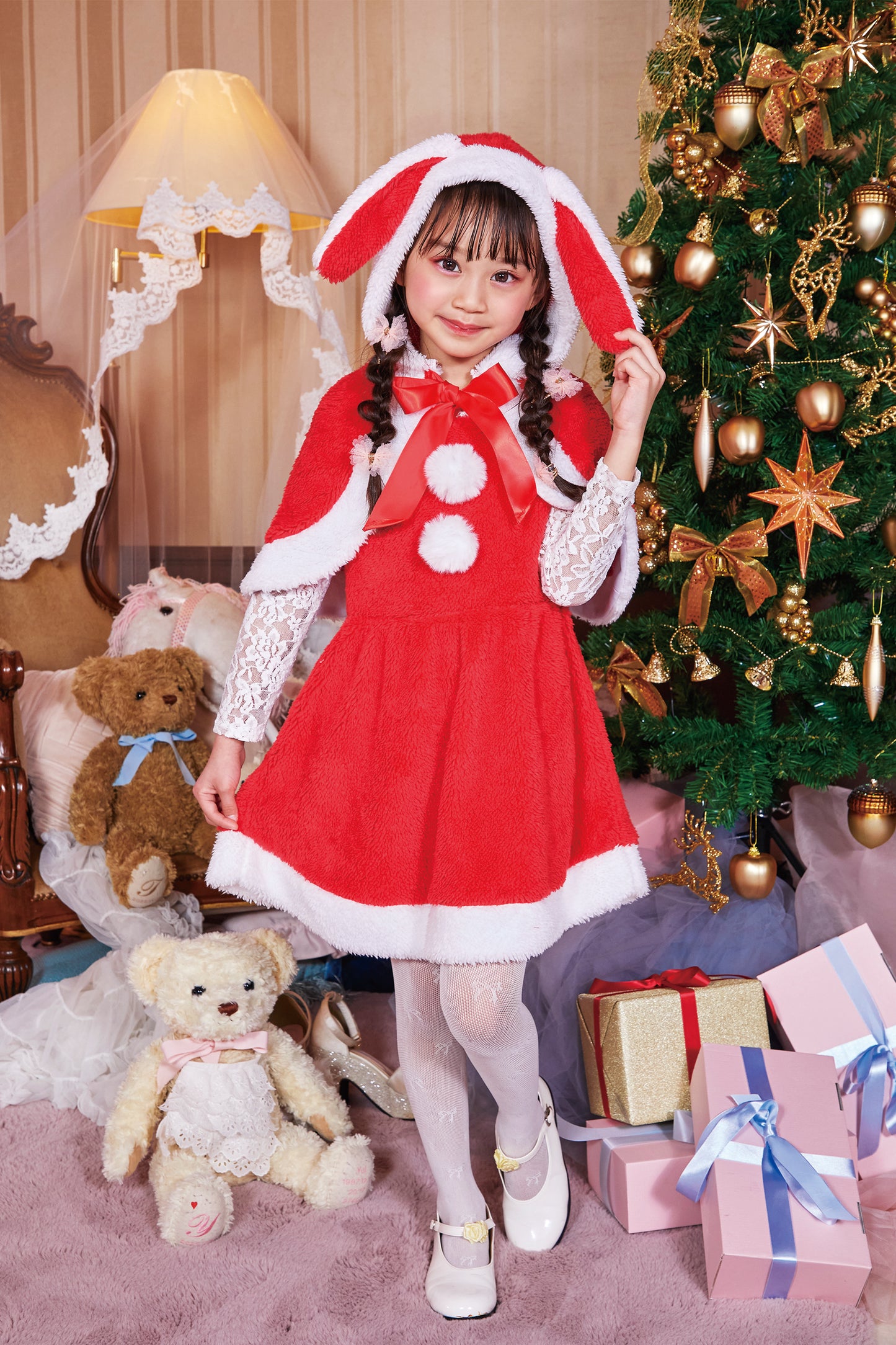 コスプレ キッズ こども うさぎ たれみみうさぎサンタ 100cm/120cm/140cm レッド 【クリアストーン】