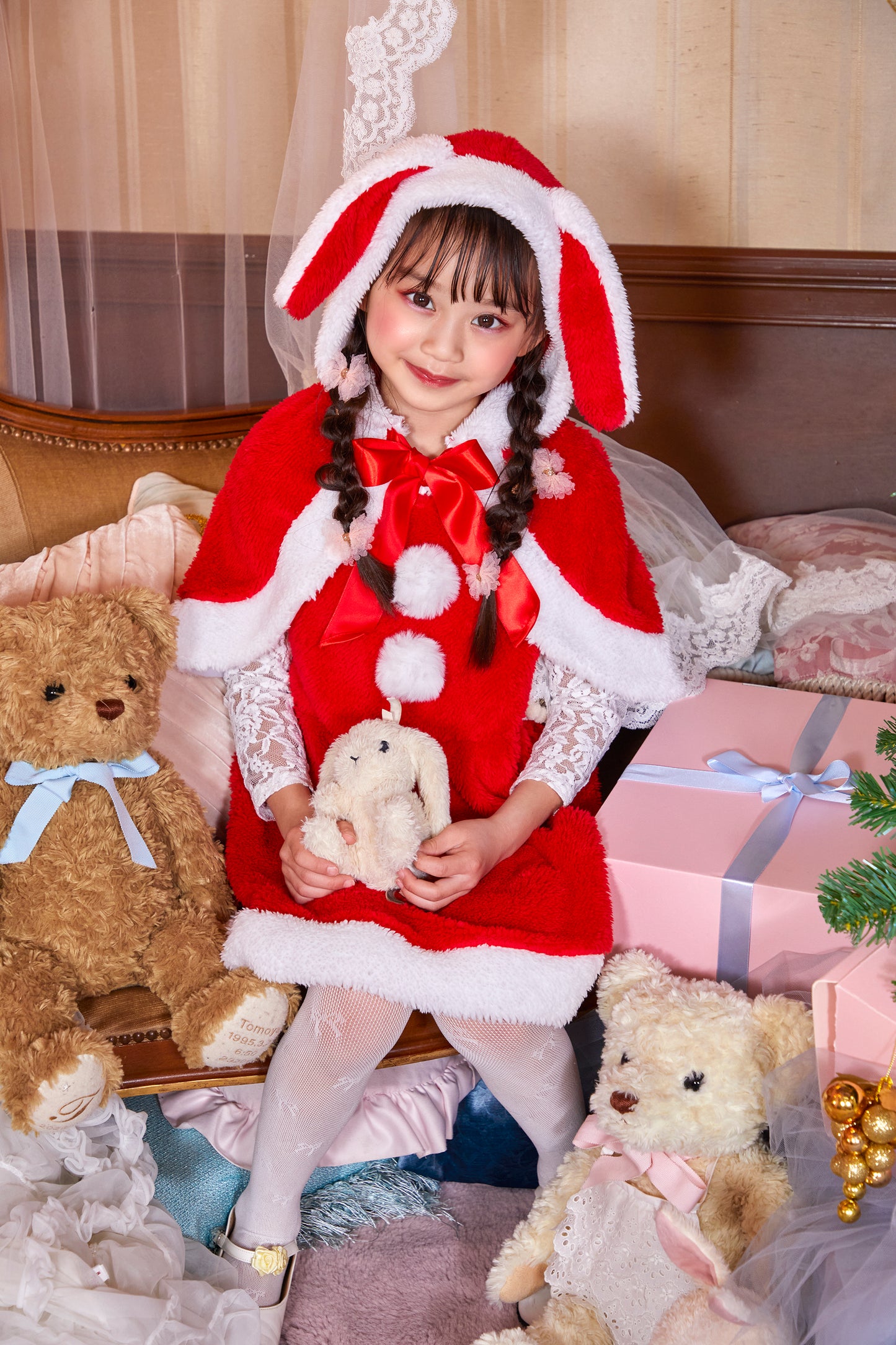 コスプレ キッズ こども うさぎ たれみみうさぎサンタ 100cm/120cm/140cm レッド 【クリアストーン】