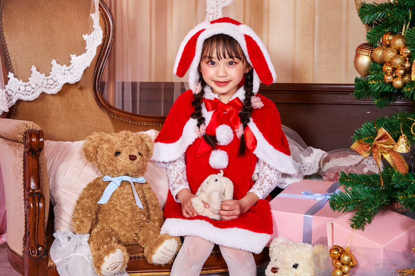 コスプレ キッズ こども うさぎ たれみみうさぎサンタ 100cm/120cm/140cm レッド 【クリアストーン】