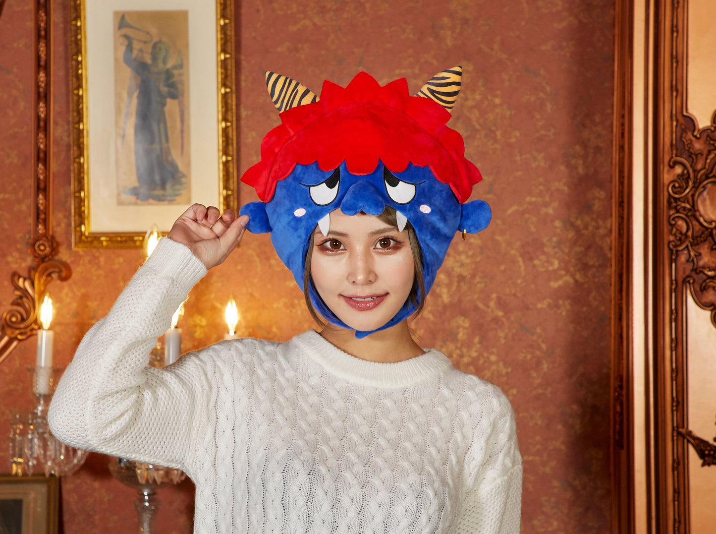 コスプレ 節分 鬼 かぶりもの 鬼かぶりもの ユニセックス フリーサイズ レッド/ブルー 【クリアストーン】