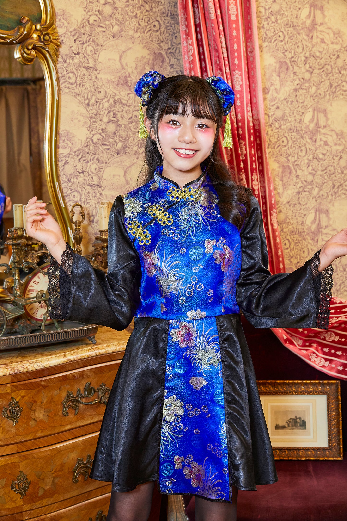 コスプレ ジュニア こども チャイナ COSCHU! チャイニーチャイナ 140~150cm ブラック レッド/ブルー【クリアストーン】