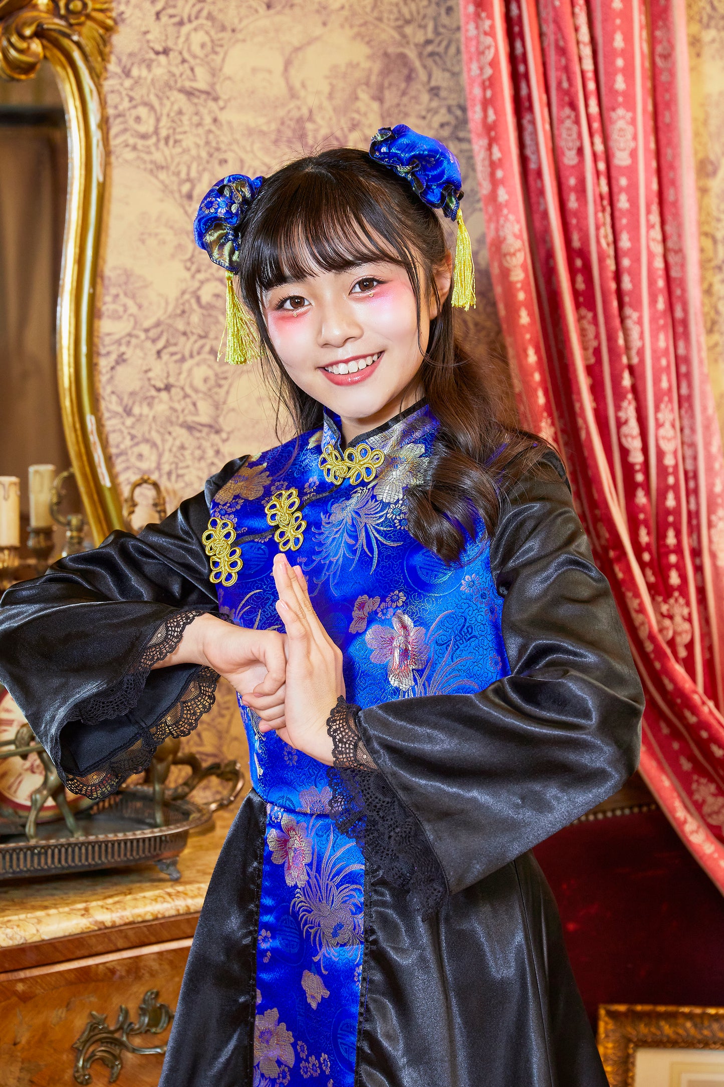 コスプレ ジュニア こども チャイナ COSCHU! チャイニーチャイナ 140~150cm ブラック レッド/ブルー【クリアストーン】