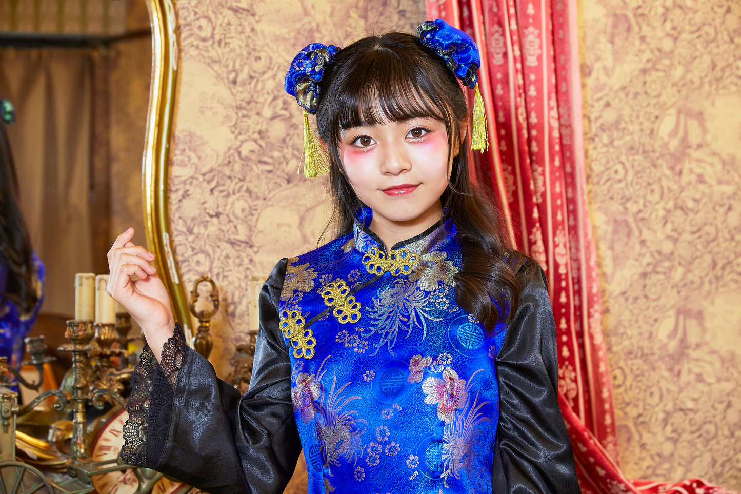コスプレ ジュニア こども チャイナ COSCHU! チャイニーチャイナ 140~150cm ブラック レッド/ブルー【クリアストーン】