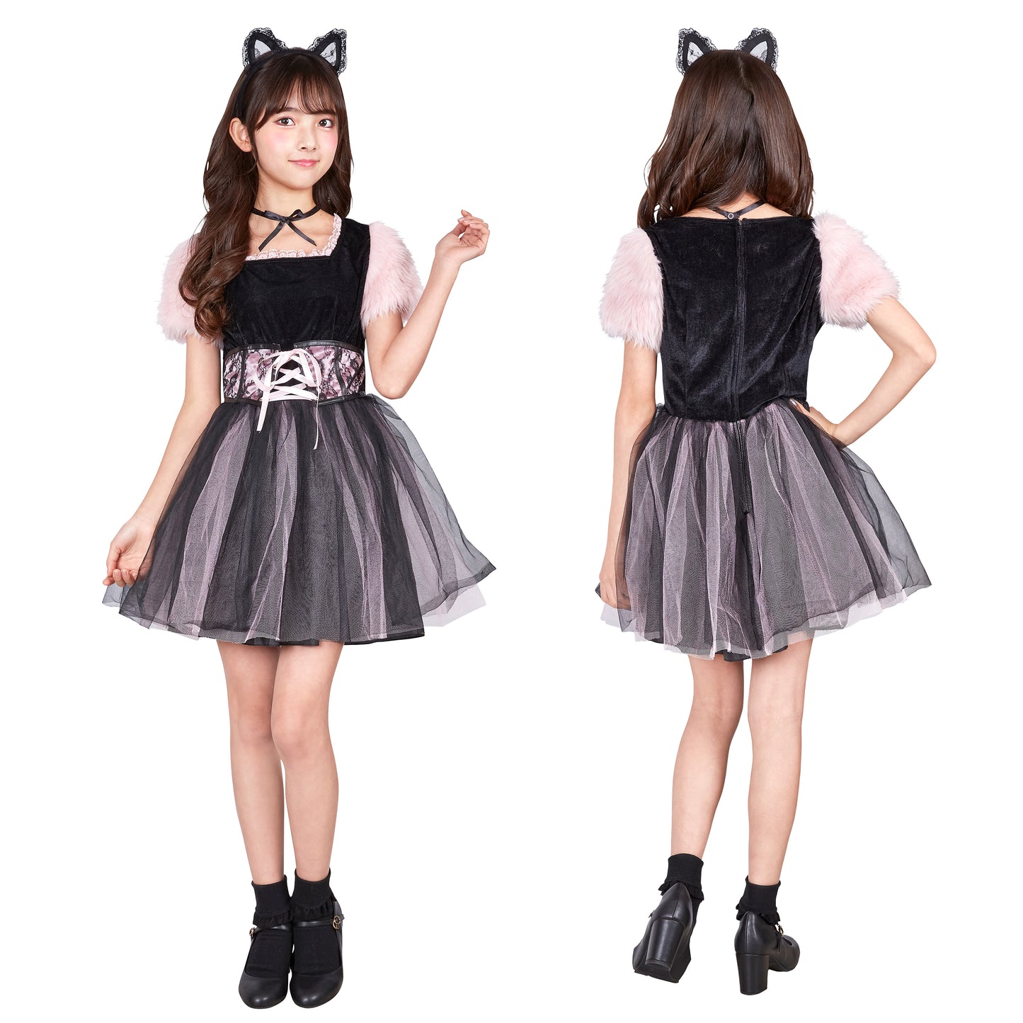 コスプレ ジュニア こども アニマル 黒猫 COSCHU! ストロベリーキャット 140~150cm ピンク【クリアストーン】
