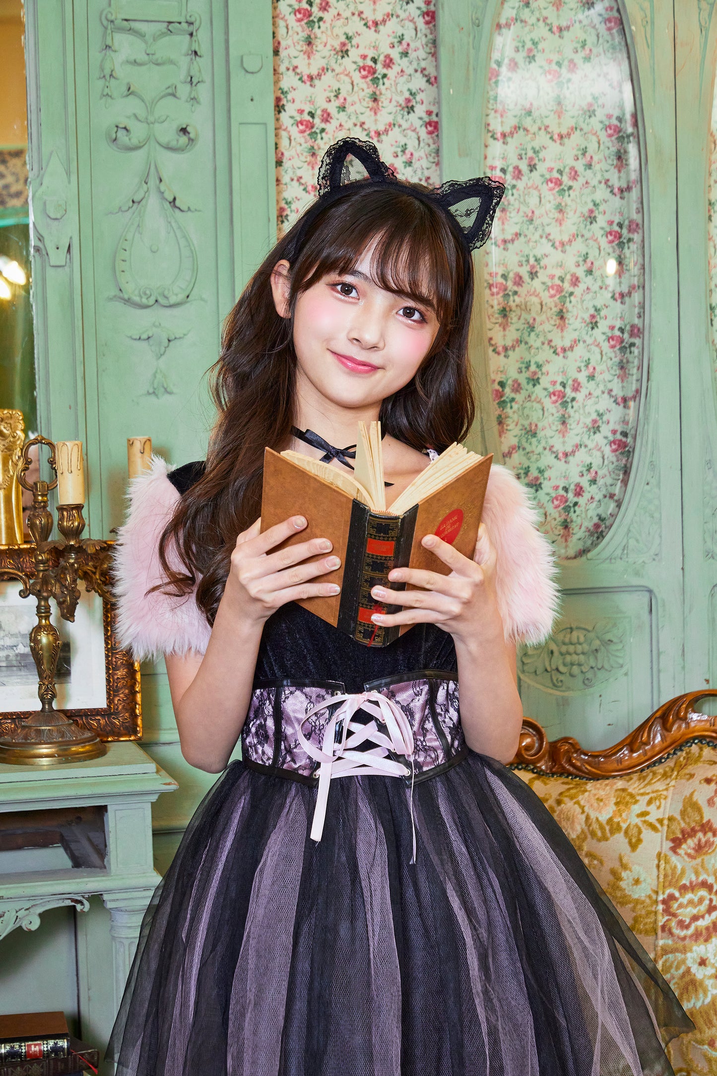 コスプレ ジュニア こども アニマル 黒猫 COSCHU! ストロベリーキャット 140~150cm ピンク【クリアストーン】
