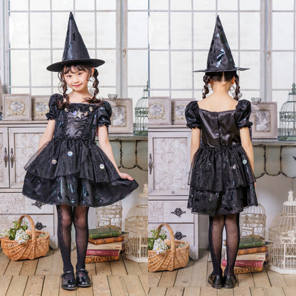 コスプレ キッズ こども 魔女 ハロウィン メルヘンウィッチ 女の子 100cm/120cm/140cm ブラック　【クリアストーン】