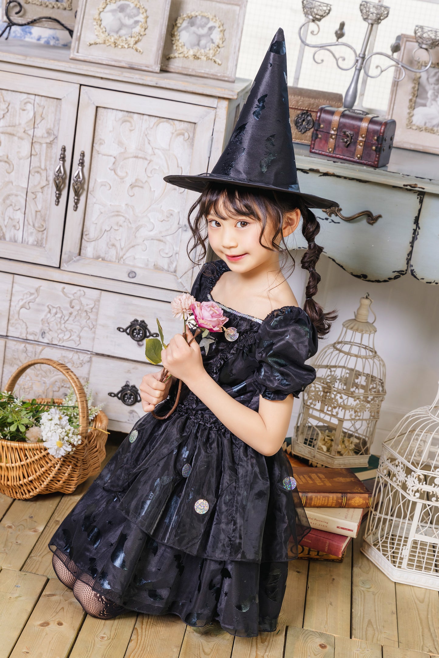 コスプレ キッズ こども 魔女 ハロウィン メルヘンウィッチ 女の子 100cm/120cm/140cm ブラック　【クリアストーン】