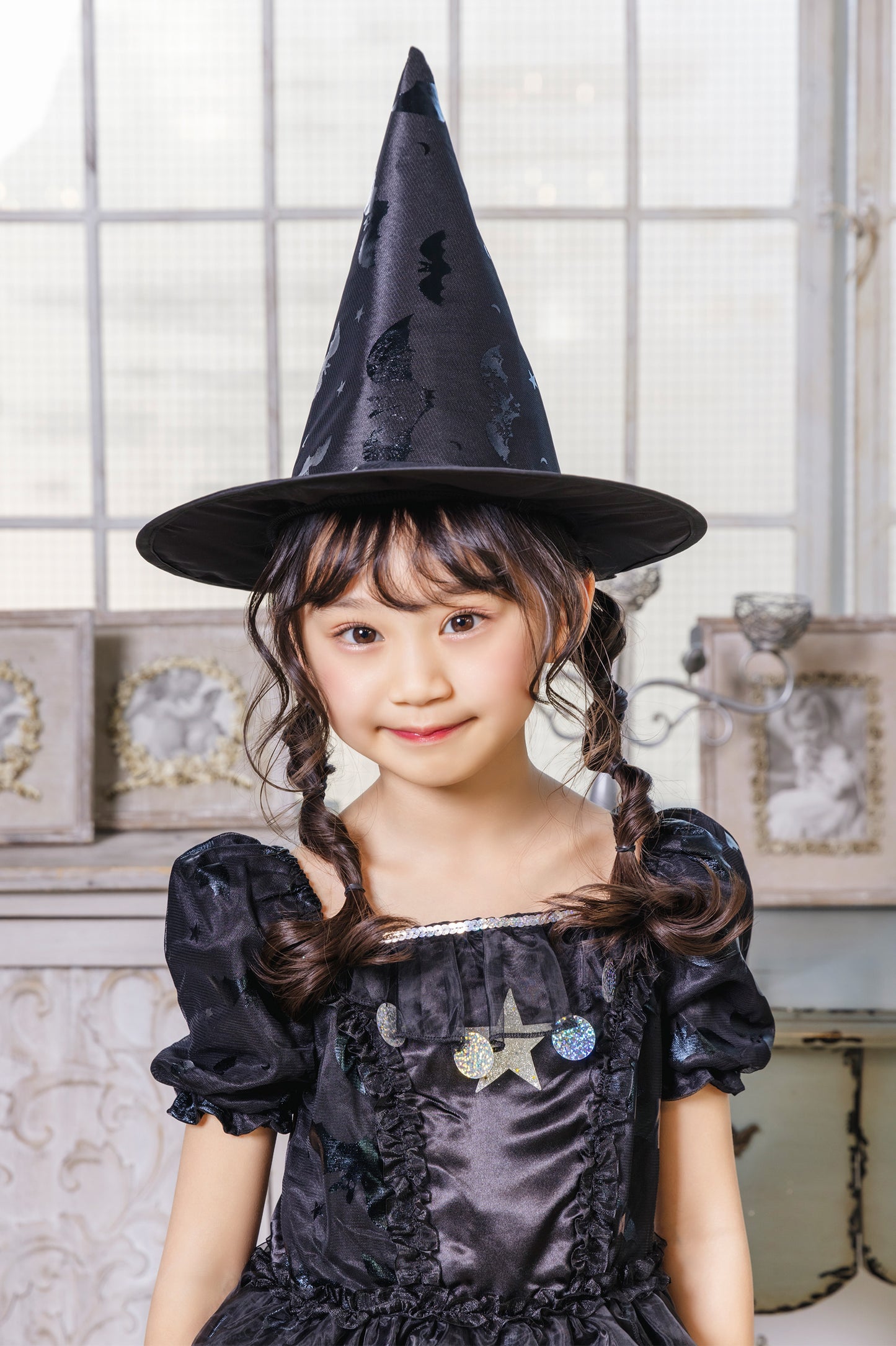 コスプレ キッズ こども 魔女 ハロウィン メルヘンウィッチ 女の子 100cm/120cm/140cm ブラック　【クリアストーン】