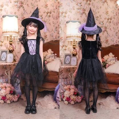 コスプレ キッズ こども 魔女 ハロウィン ノワールウィッチ 女の子 120cm/140cm ブラック 【クリアストーン】