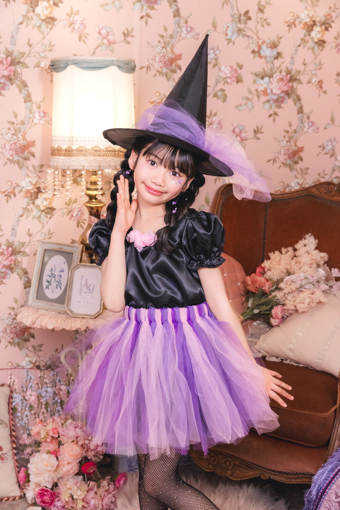 コスプレ キッズ こども 魔女 ハロウィン ヴィオレットウィッチ 女の子 120/140cm パープル　【クリアストーン】