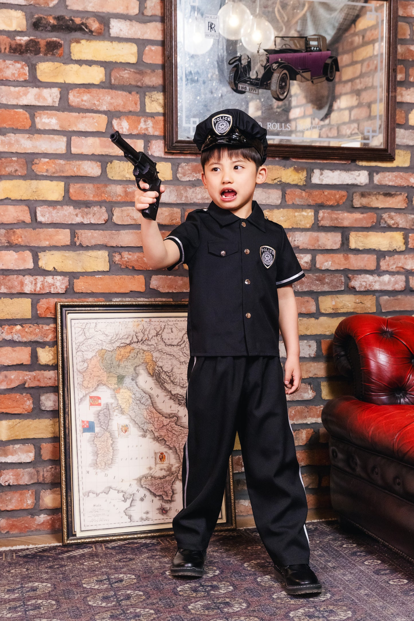 コスプレ キッズ こども 警官 ハロウィン スーパーポリスマン 男の子 100/120/140cm ブラック【クリアストーン】