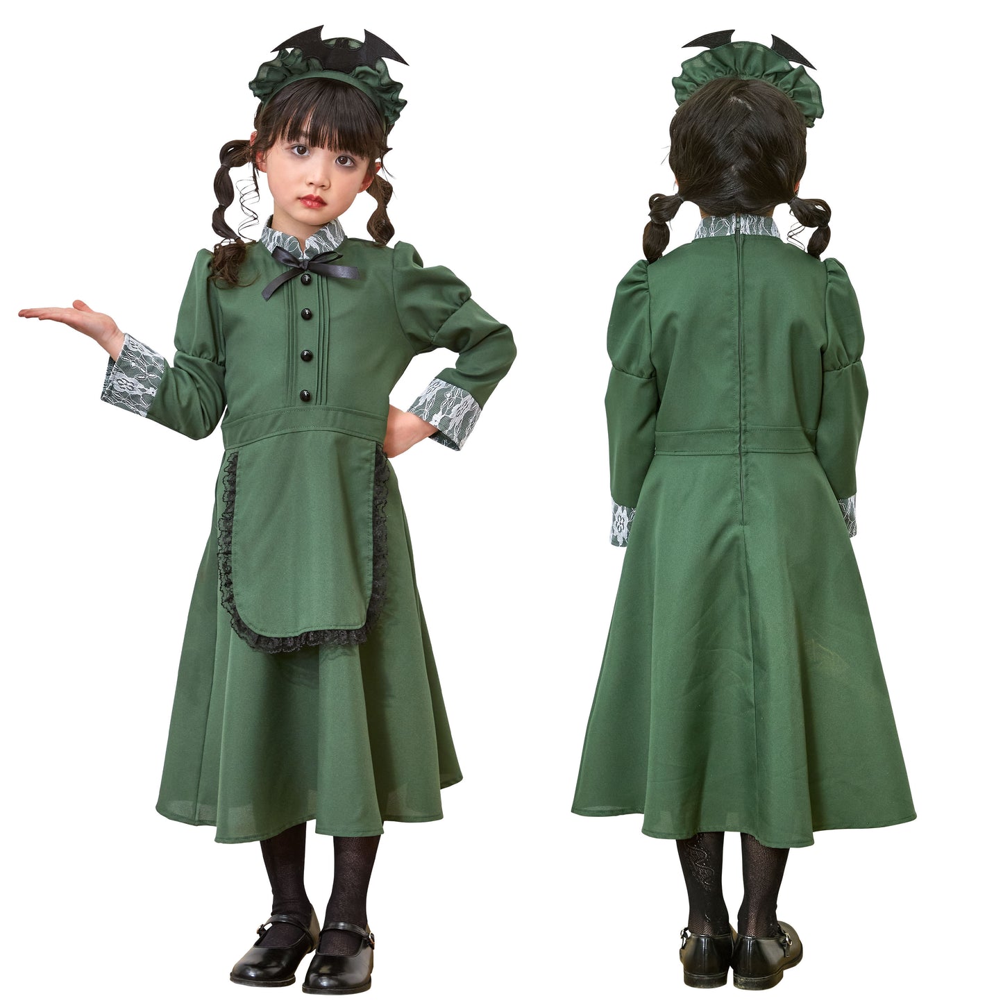 コスプレ キッズ こども メイド服 ハロウィン 洋館メイド 100cm/120cm/140cm グリーン 【クリアストーン】