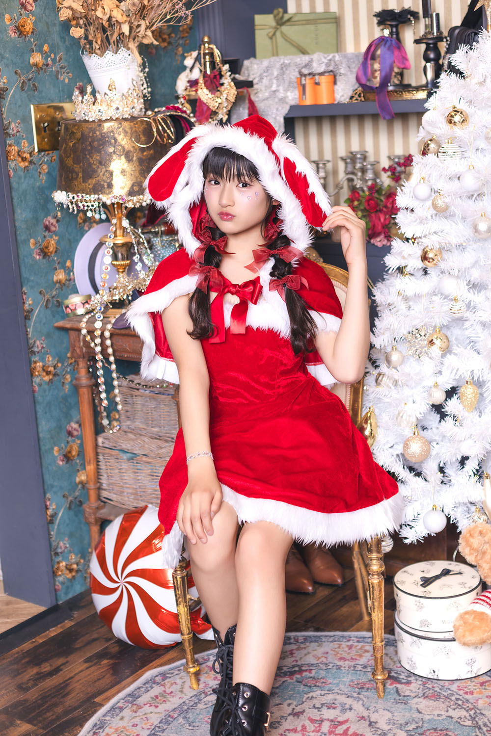 コスプレ ジュニア こども クリスマス メリープラムフェアリー うさぎケープサンタ 150cm 女の子 レッド 【クリアストーン】